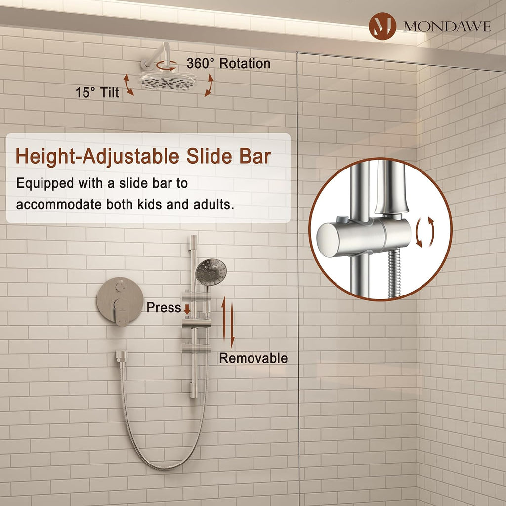 MONDAWE 8 Inch Wall Mounted Shower Faucet Set in Brushed Nickel, Rainfall Shower Head with 3-Setting Handheld Spray Shower Set Combo, High Pressure Shower System with Solid Brass Valve