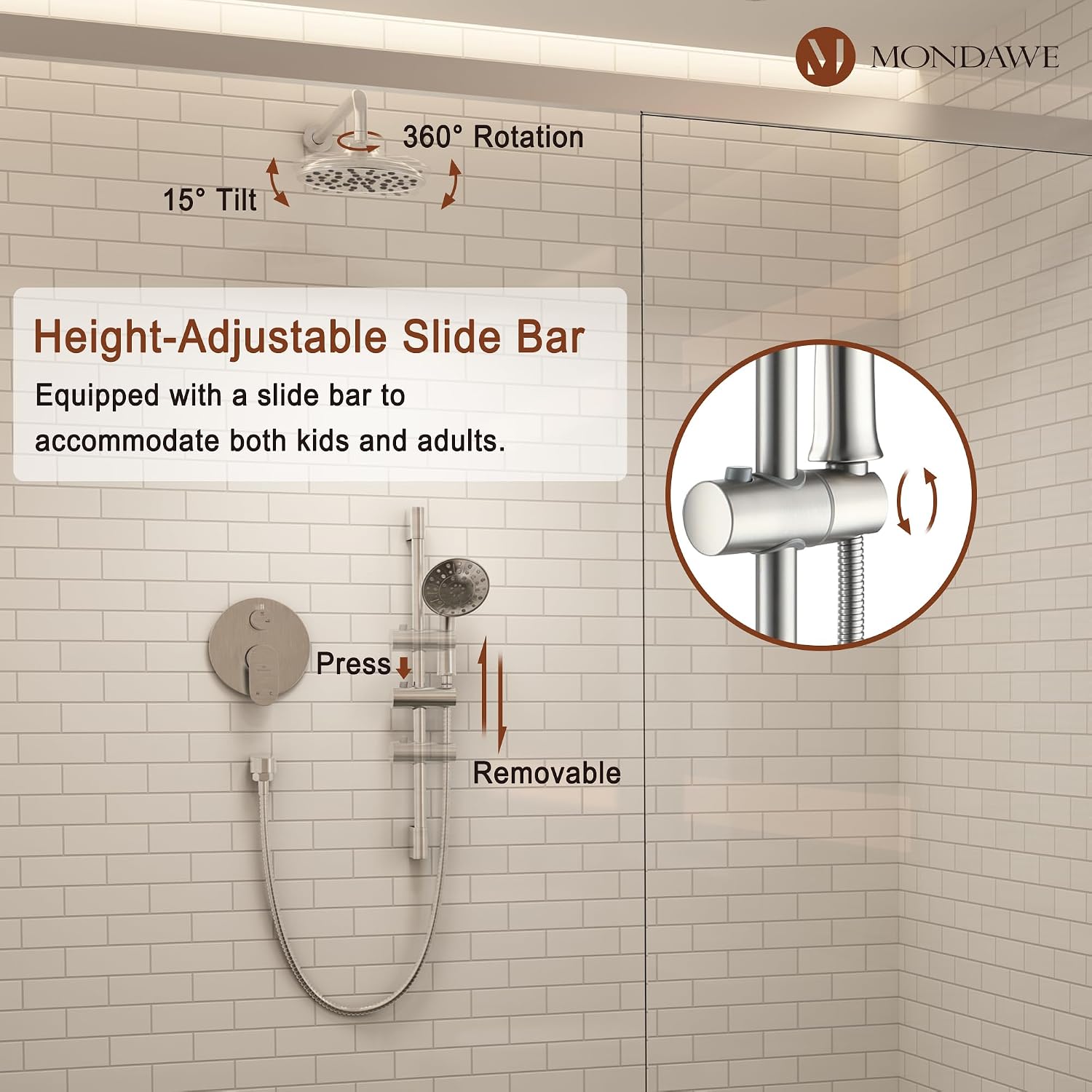 MONDAWE 8 Inch Wall Mounted Shower Faucet Set in Brushed Nickel, Rainfall Shower Head with 3-Setting Handheld Spray Shower Set Combo, High Pressure Shower System with Solid Brass Valve
