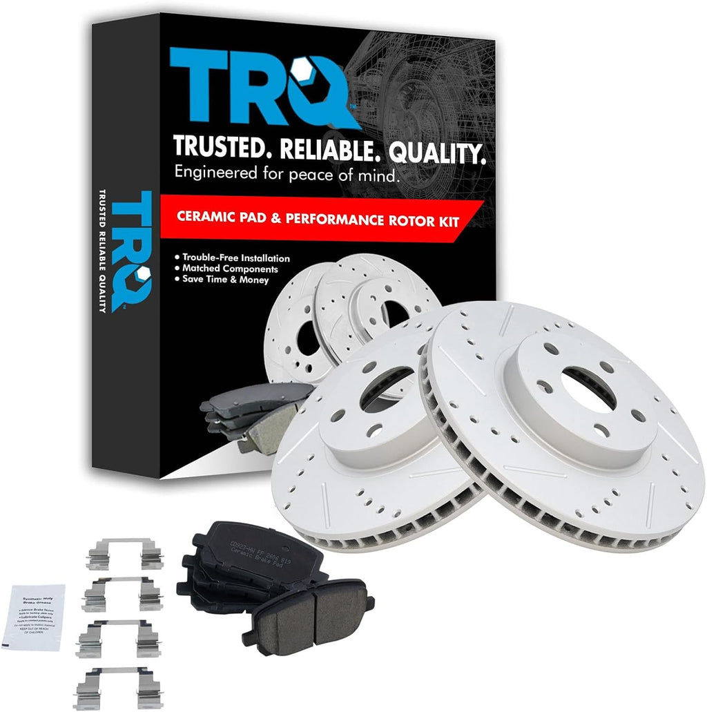 TRQ Performance Front Brake Pad and Rotor Set Ceramic Coated Drilled Slotted Vented Rotors Compatible with 2003-2008 Toyota Corolla Matrix Pontiac Vibe