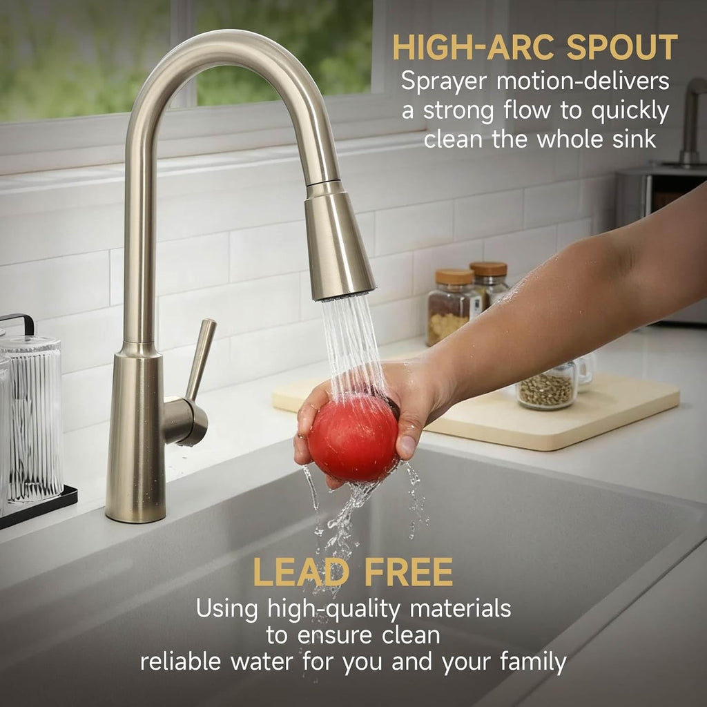 Lava Odoro Brushed Nickel Kitchen Faucet with Pull Down Sprayer, Modern Kitchen Sink Faucet with Magnetic Docking Spray 2-Function, Single Handle Faucet for Kitchen Sink 1 Hole and 3 Hole, KF241-BN