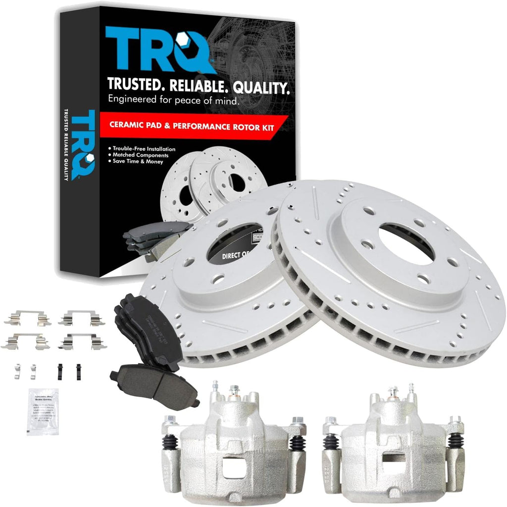 TRQ Performance Front Brake Pad and Rotor Set Ceramic Vented Coated Drilled Slotted Rotors Calipers Compatible with 2007-2012 Dodge Caliber