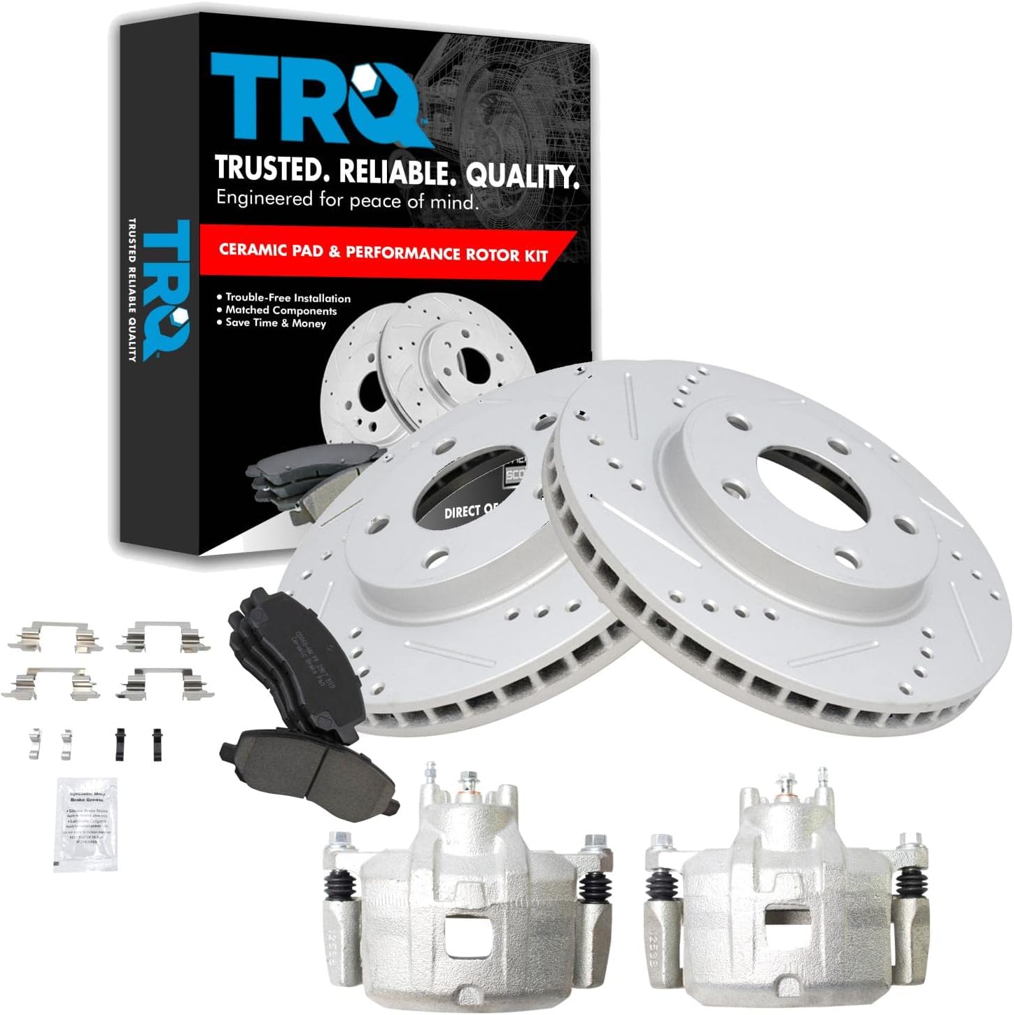 TRQ Performance Front Brake Pad and Rotor Set Ceramic Vented Coated Drilled Slotted Rotors Calipers Compatible with 2007-2012 Dodge Caliber
