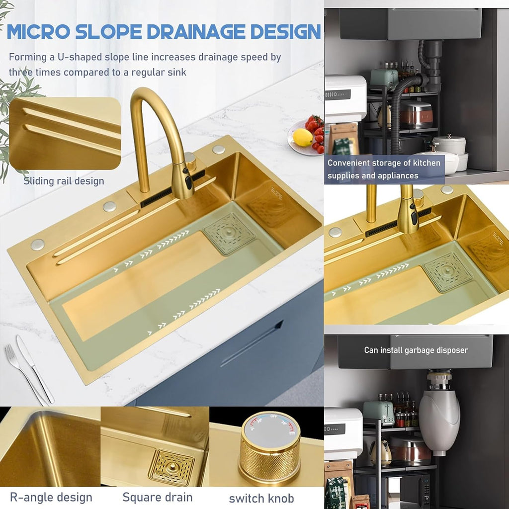 Gold Waterfall Sink - Handmade Multifunctional Kitchen Workstation Sink Ergonomic Single Bowl Dishwashing Sink 75X45X22Cm Elegant Household Design For Modern Kitchens,3434 One Color 75X45X22Cm