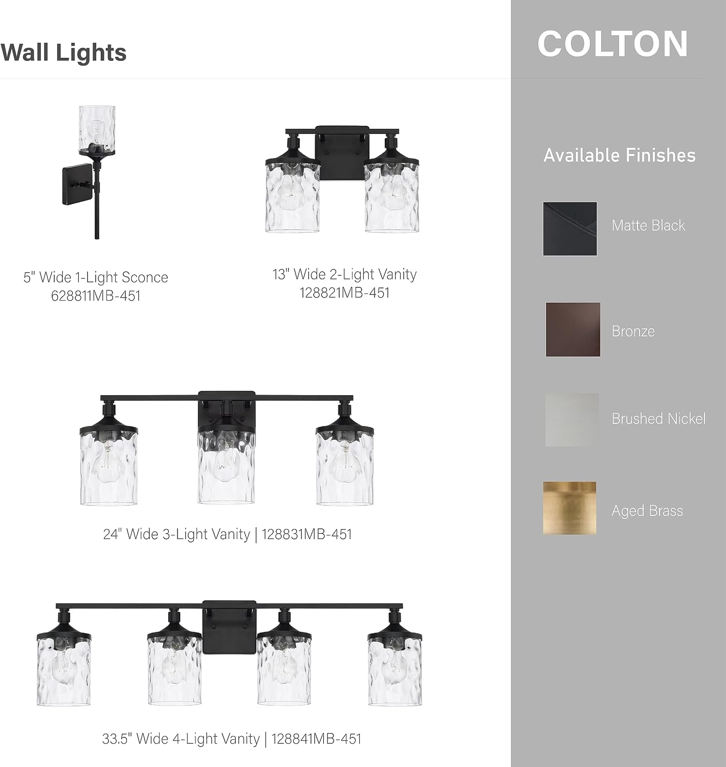 HomePlace Lighting 128821MB-451 Colton Mid-Century Clear Water Glass Bathroom Vanity Wall Light, 2-Light 200 Total Watts, 10' H x 13' W, Matte Black