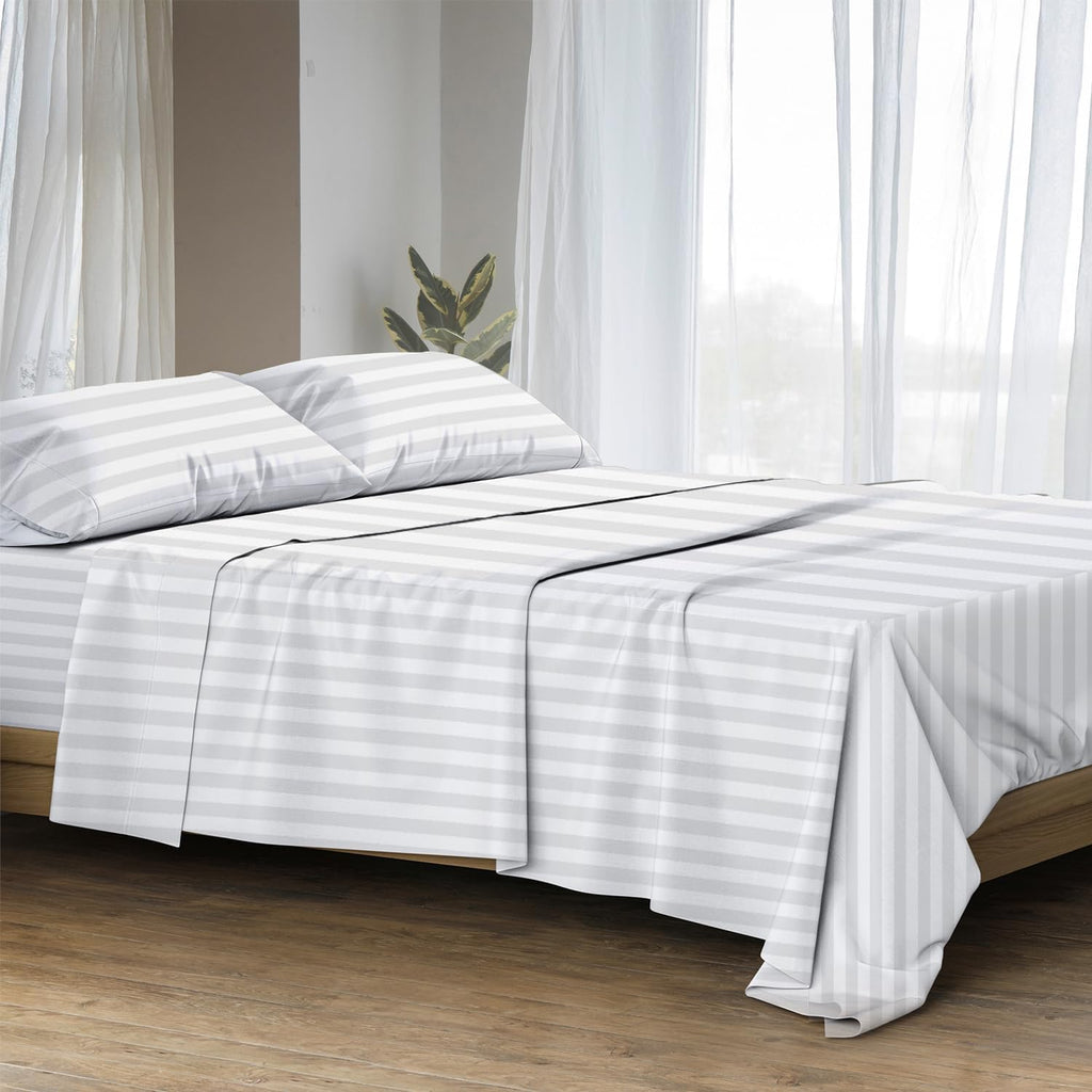 100% Egyptian Cotton Sheet Set Queen Size - Luxury 1500 Series Prestige Collection Damask Queen Sheet Set (4 PC, White Stripe), Soft Cooling, Sateen Weave Sheets, 17' Deep Pocket