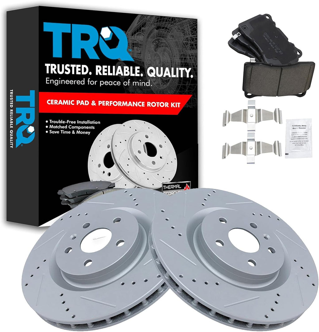 TRQ Performance Front Brake Pad and Rotor Set Ceramic Coated Drilled Slotted Vented Rotors Compatible with 2012-2013 Buick Regal 2009 Pontiac G8