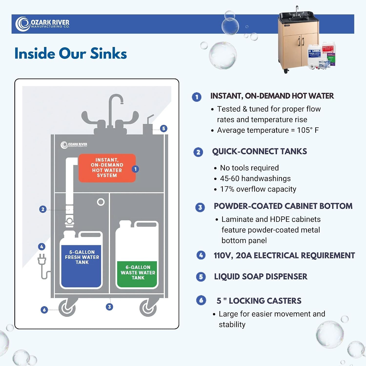 Ozark River Portable Sinks Premier Maple & Clean Start Kit Bundle, Maple Laminate-ABS, Portable Sink with Hot Water, Self-Contained Sink, Portable Hand Washing Station, 110V