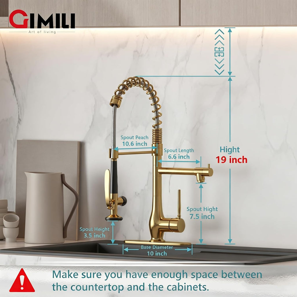 GIMILI Brushed Gold Kitchen Faucet with Pull Down Sprayer Single Handle High Pressure Brass Kitchen Sink Faucet Commercial Double-Headed Kitchen Faucets Sink with Deck Plate