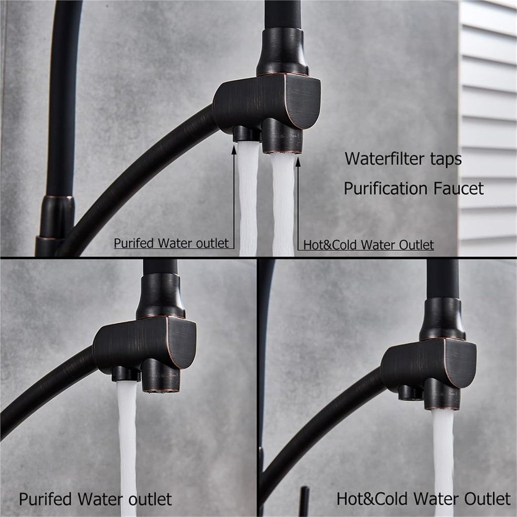 Filter Purification Flexible Rotated Kitchen Faucet Dual Spout Dual Handles Mixer Tap Hot and Cold Pure Water Mixer(Brushed Gold A)