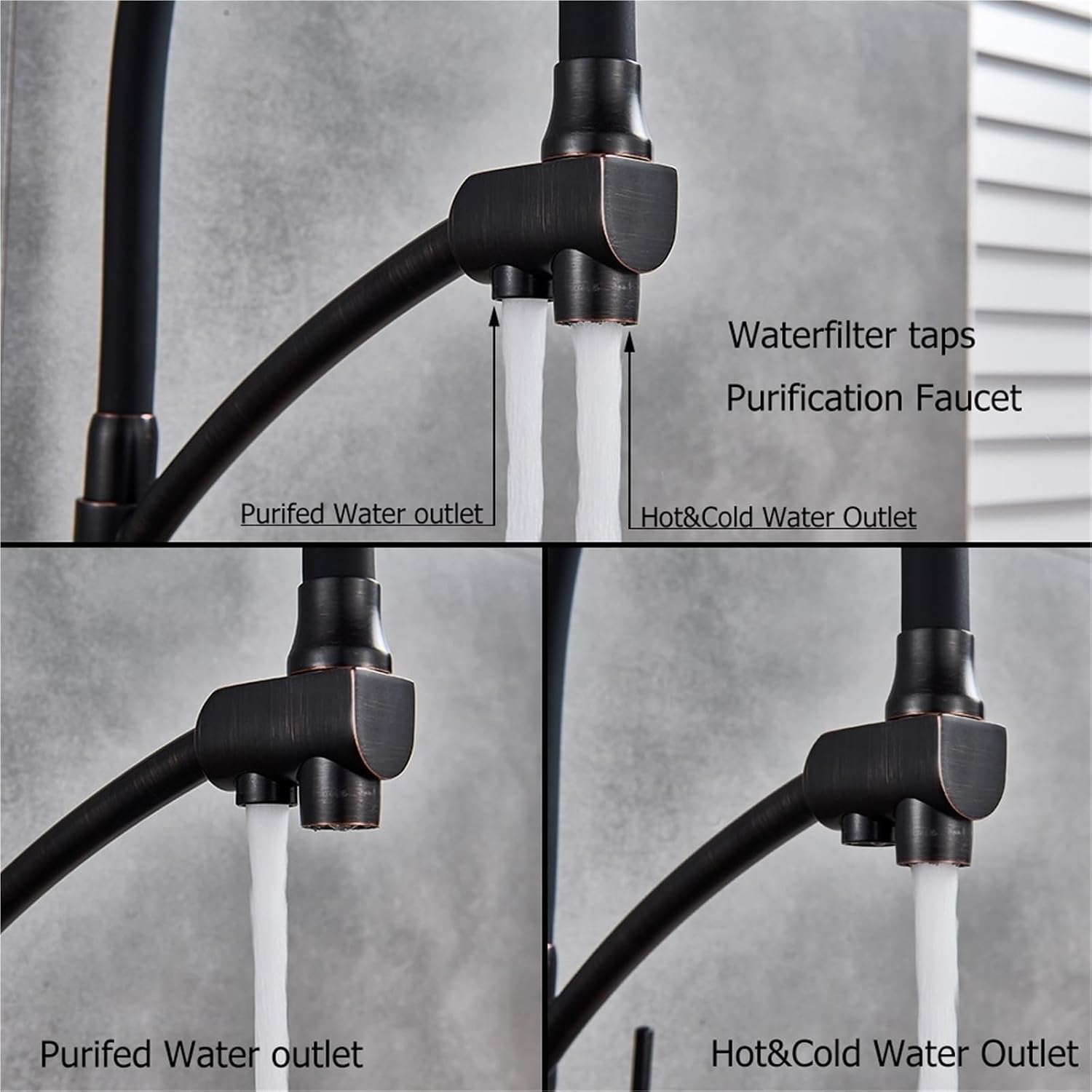 Filter Purification Flexible Rotated Kitchen Faucet Dual Spout Dual Handles Mixer Tap Hot and Cold Pure Water Mixer(Brushed Grey Hose)