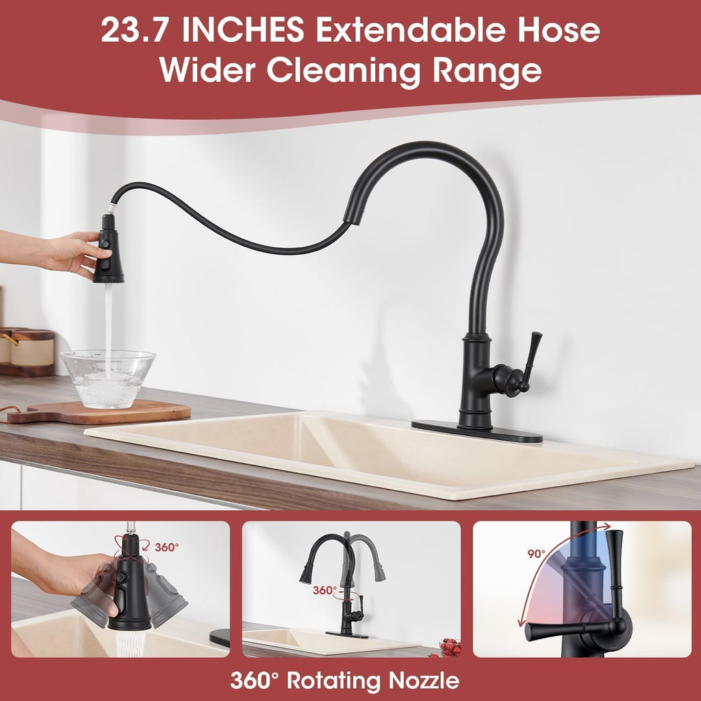 Black Kitchen Faucets with Pull Down Sprayer, Vintage Brass Kitchen Sink Faucet High Arc Single Handle with Deck Plate 1 or 3 Hole for Farmhouse Camper Laundry Rv Bar