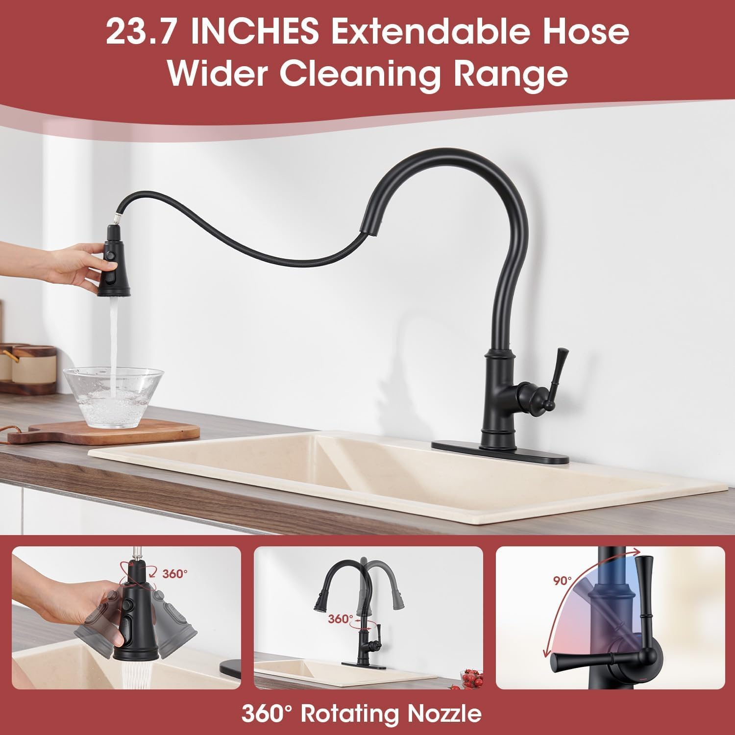 Black Kitchen Faucets with Pull Down Sprayer, Vintage Brass Kitchen Sink Faucet High Arc Single Handle with Deck Plate 1 or 3 Hole for Farmhouse Camper Laundry Rv Bar