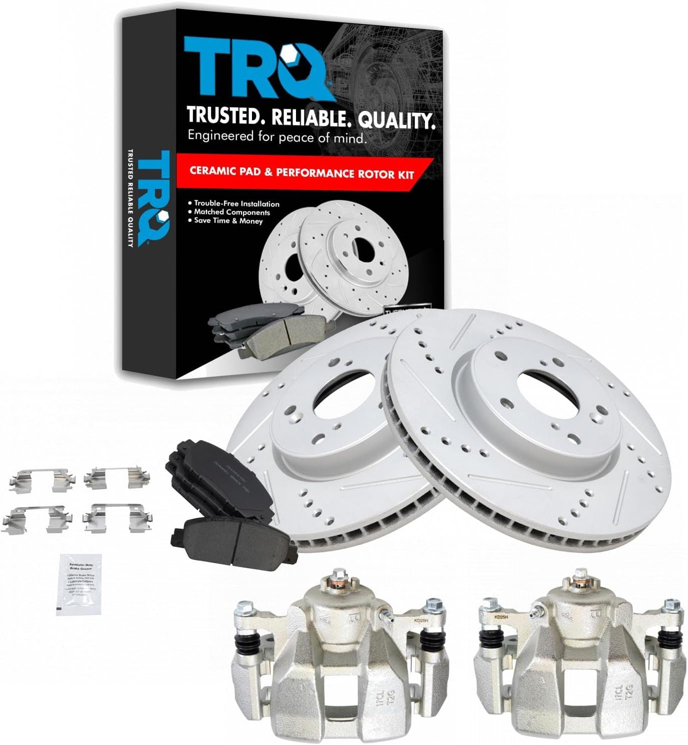 TRQ Performance Front Brake Pad and Rotor Set Ceramic Vented Coated Drilled Slotted Rotors Calipers Compatible with 2013-2022 Honda Accord 2016-2022 HR-V