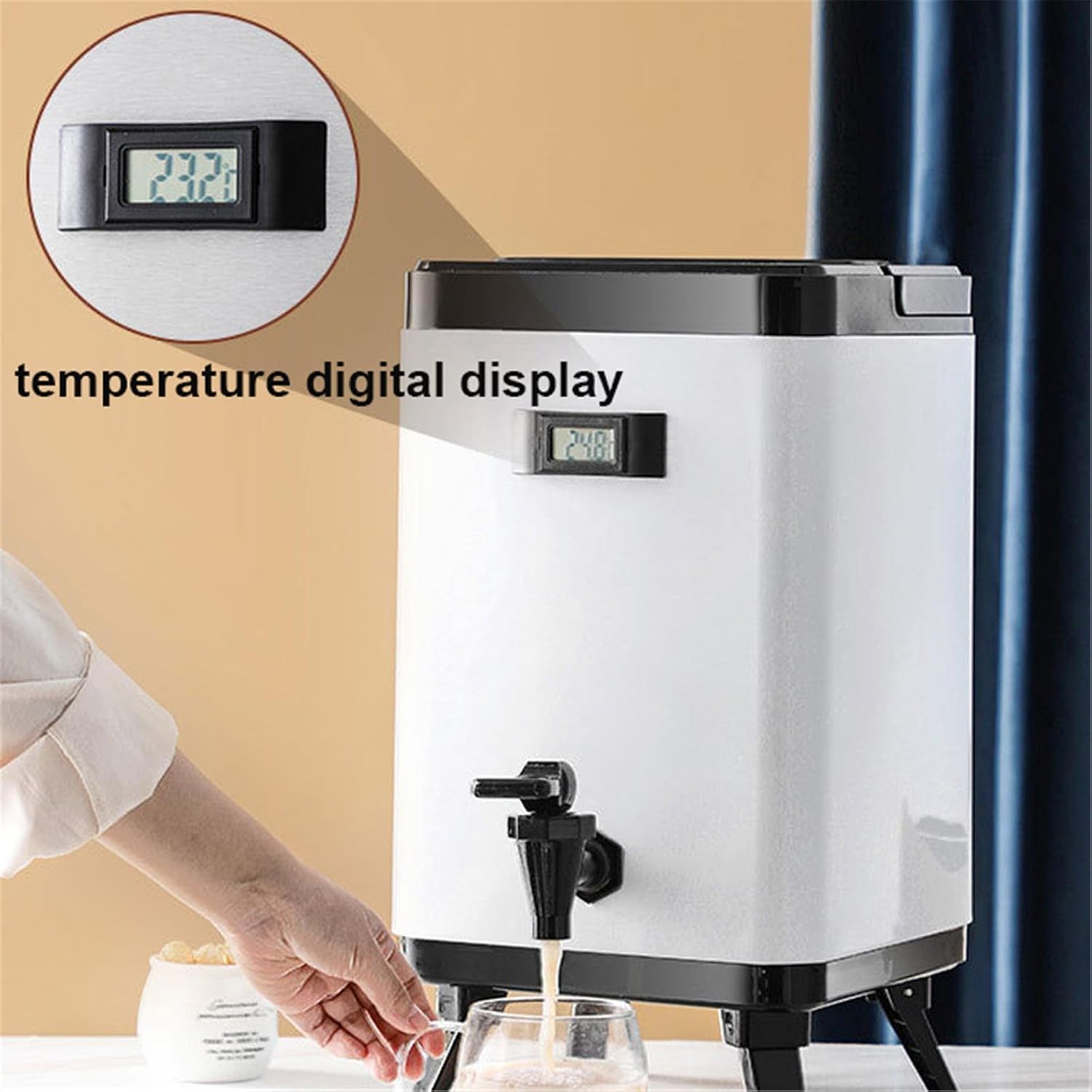 Stainless Steel Insulated Barrel,Double-Layer Insulation Barrel Container,with Faucet and Digital Display Temperature Screen, for Hot Water Milk Tea Coffee,White,8L (Black-8L