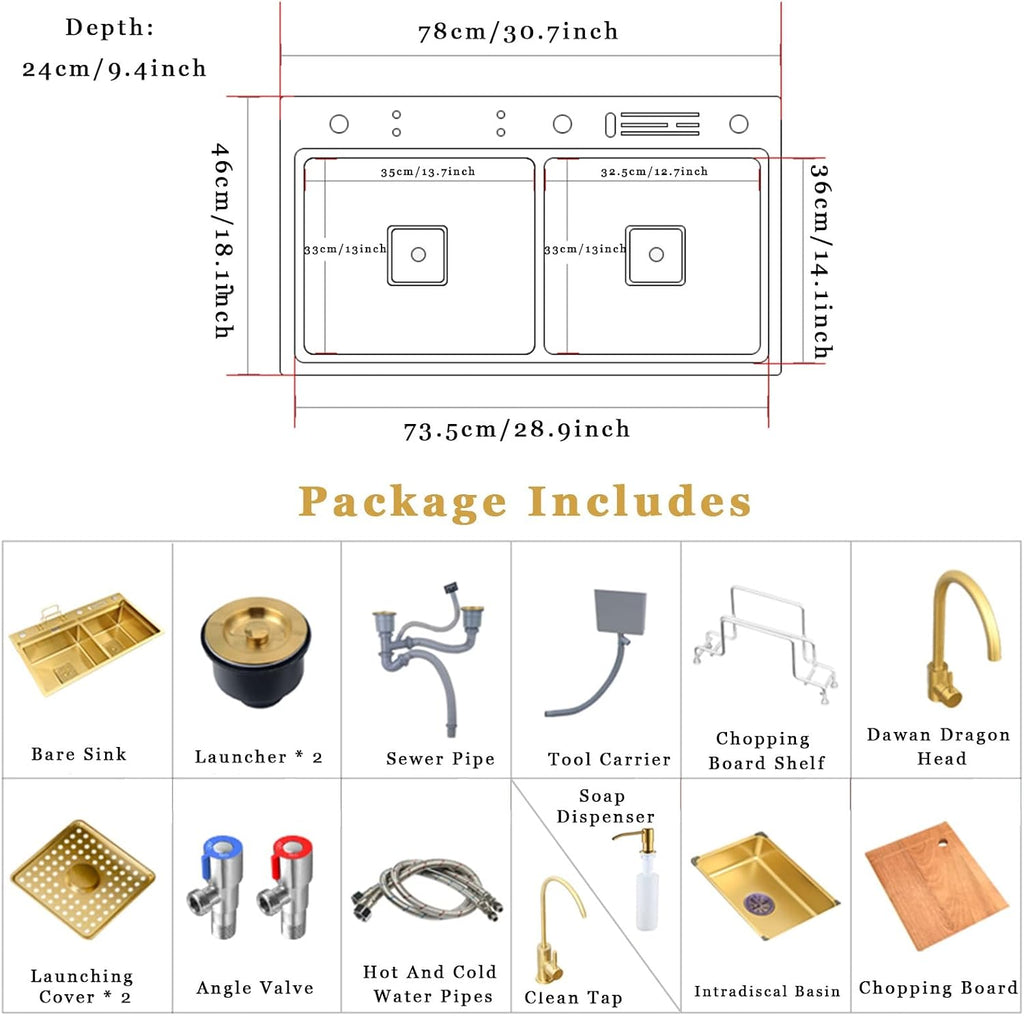 Kitchen Sink 304 Stainless Home Sink Kitchen, Double Gold Sink Kitchen, with Faucet, Clean Faucet, Soap Dispenser, Cutting Board and Accessories,Gold C-78x46cm
