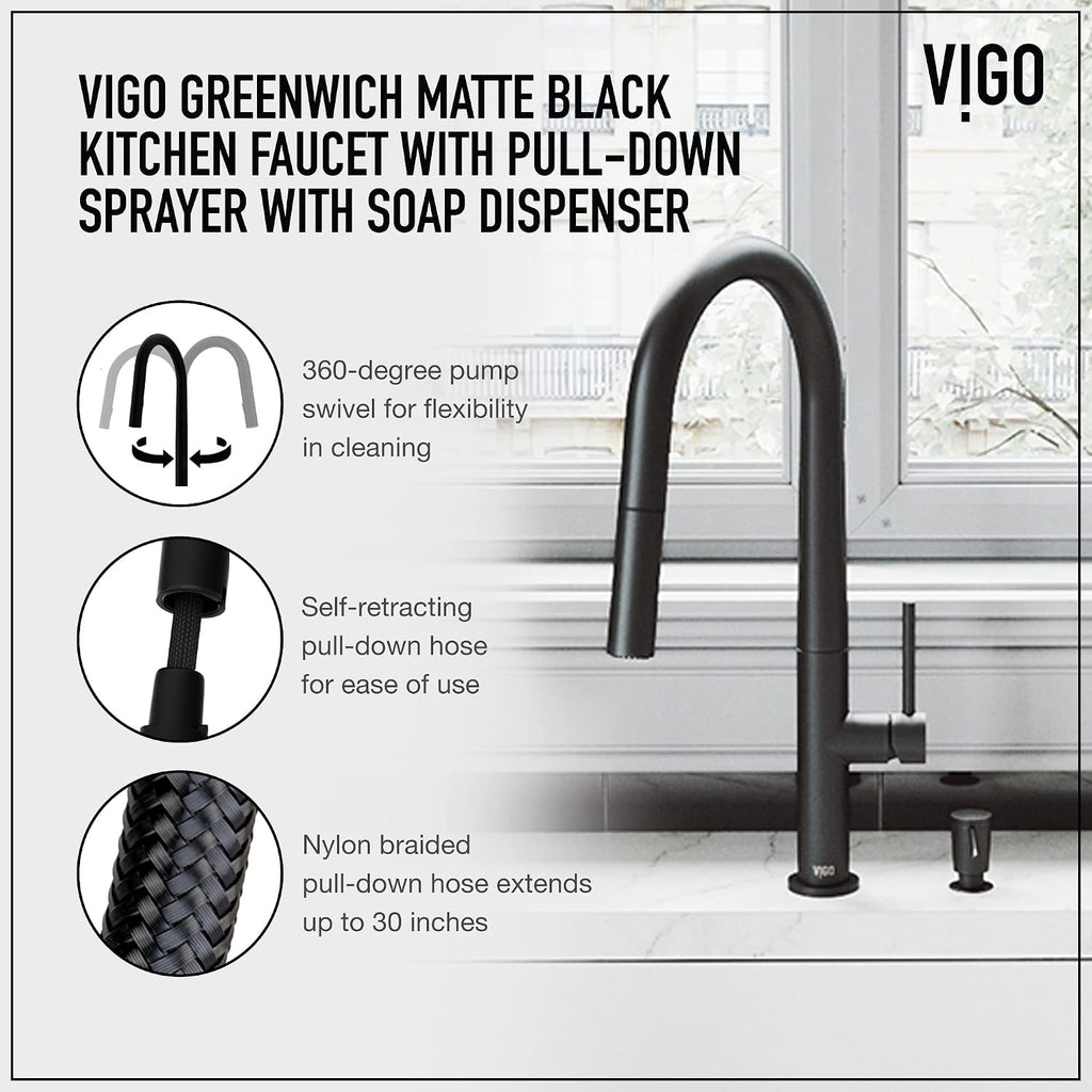 VIGO Greenwich 18'' H Single Handle Pull-Down Sprayer Kitchen Faucet Set with Soap Dispenser in Matte Black-VG02029MBK2