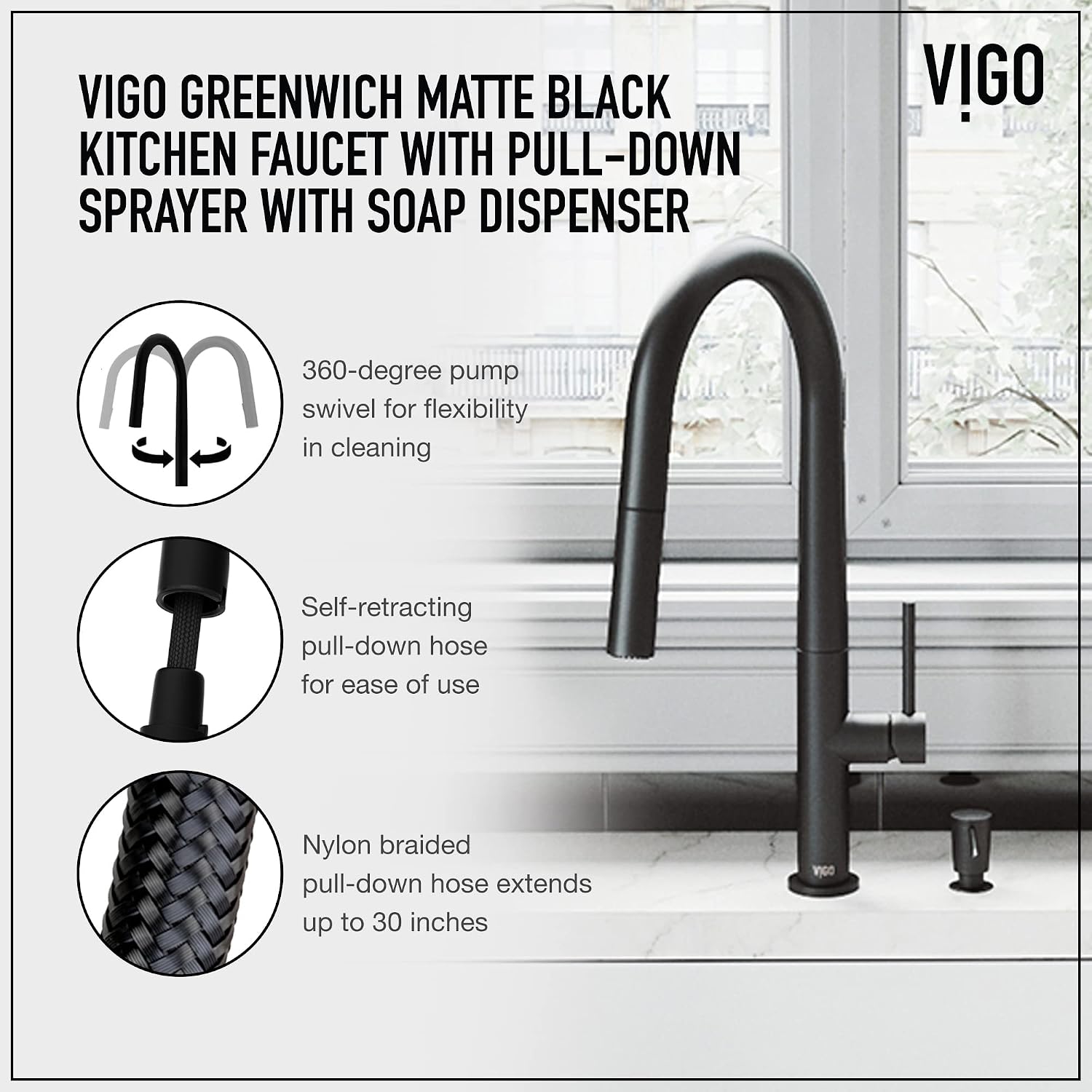 VIGO Greenwich 18'' H Single Handle Pull-Down Sprayer Kitchen Faucet Set with Soap Dispenser in Matte Black-VG02029MBK2