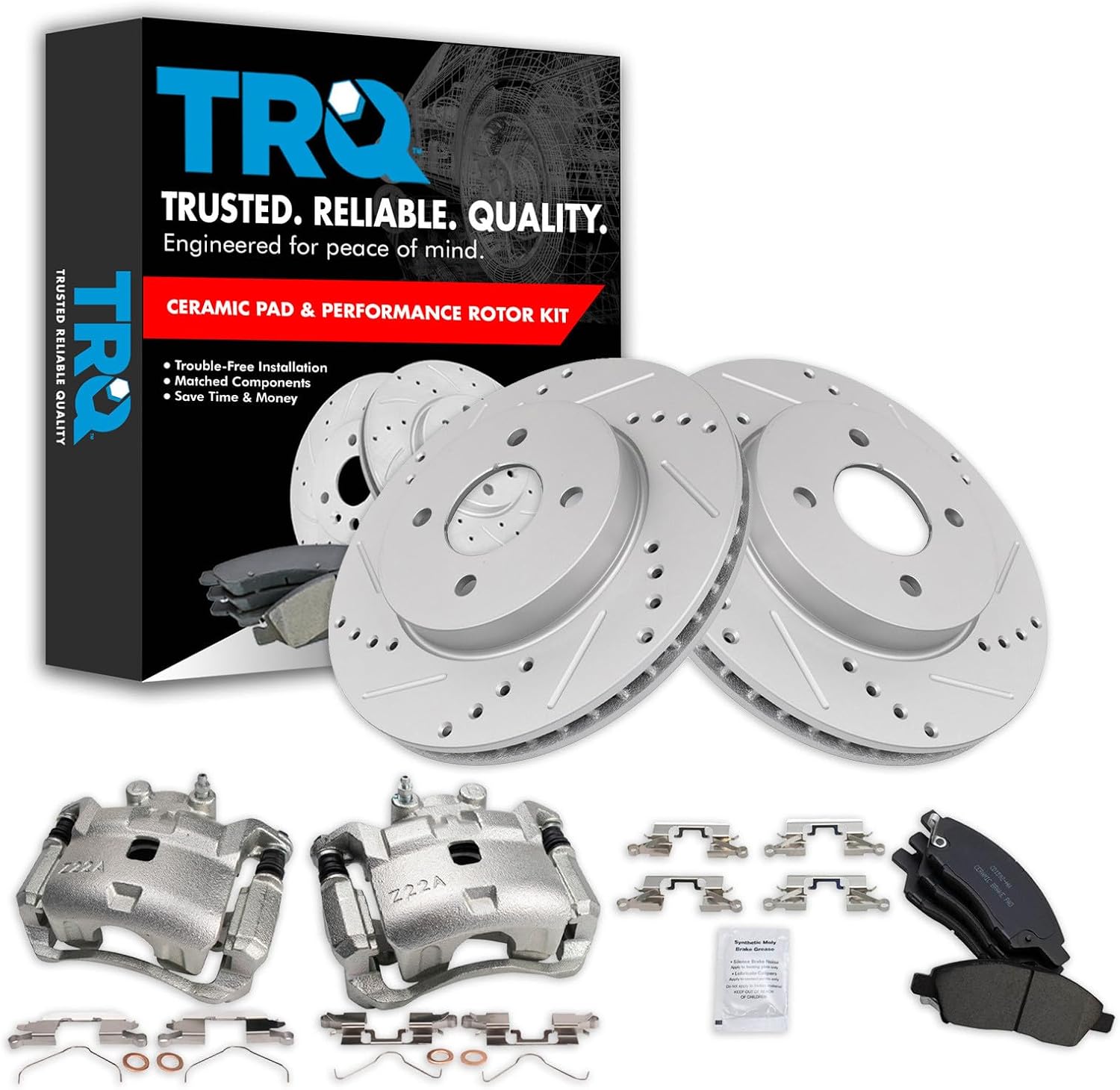 TRQ Performance Front Brake Pad and Rotor Set Ceramic Vented Coated Rotors Calipers Compatible with 2012-2018 Nissan Versa 2014-2018 Versa Note