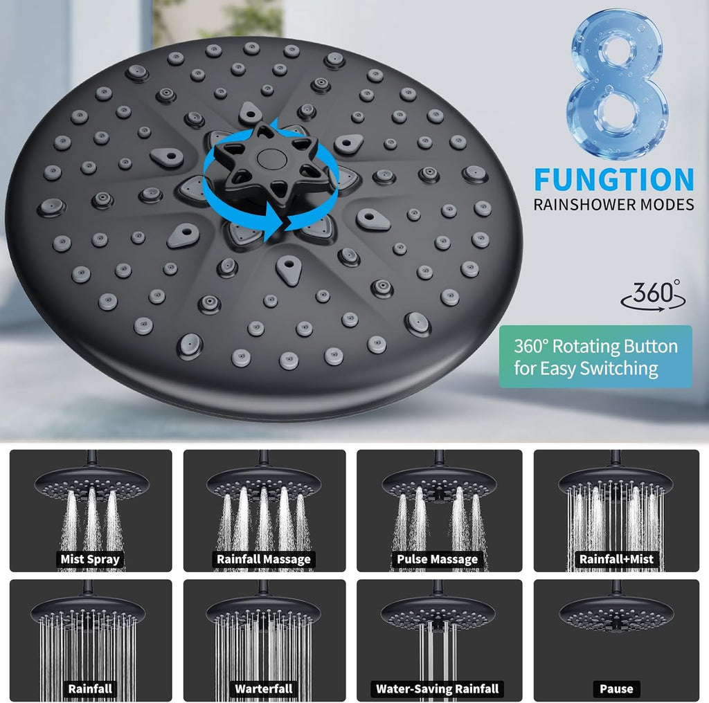 EMBATHER Shower Faucet Sets - Overhead Rain Head Shower System with High Pressure Handheld Complete Combo and Mixer Valve Trim Kit - Matte Black Rainfall Shower Fixture for Luxury Bathroom