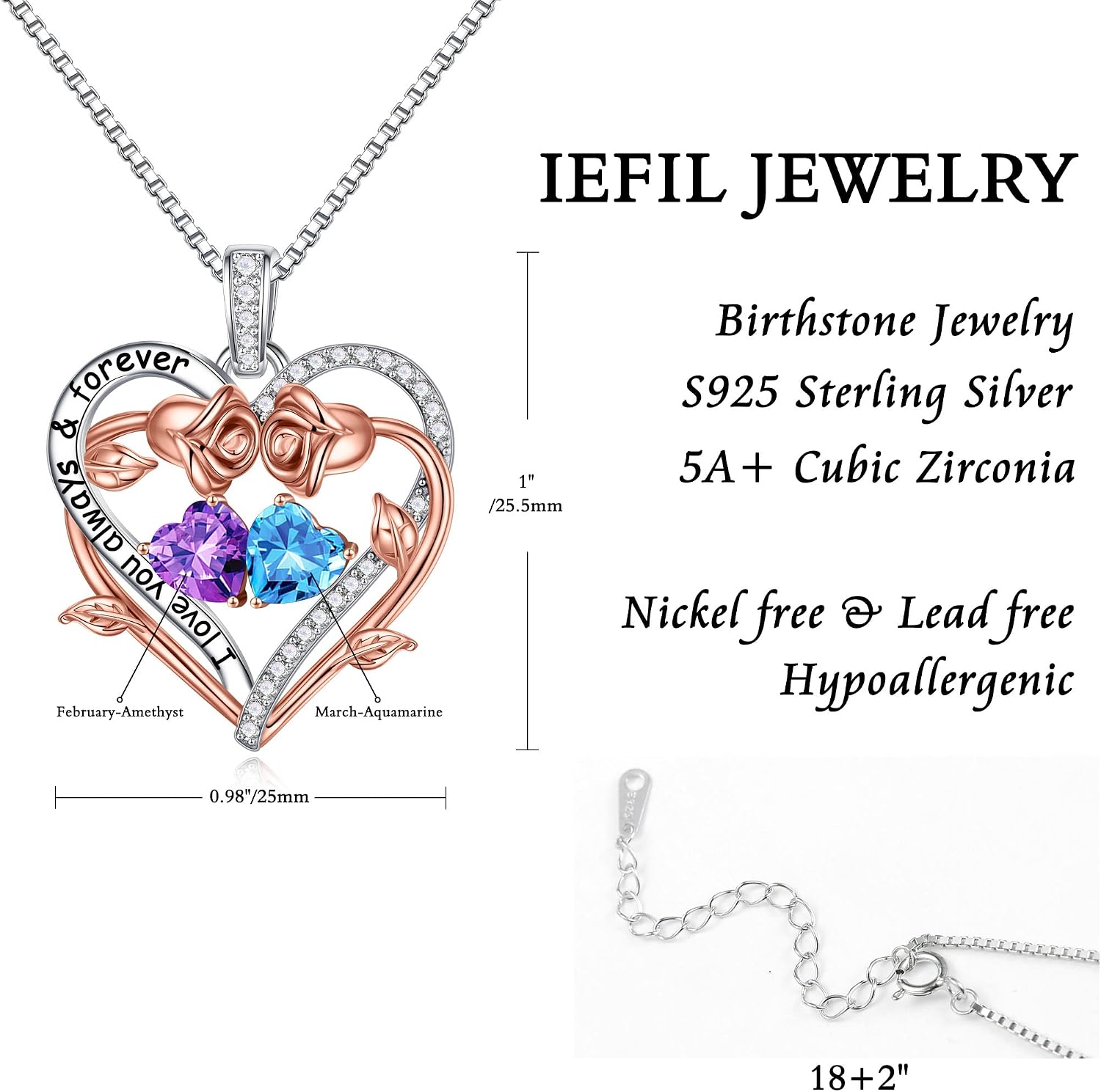 Iefil Rose Heart Double Birthstone Necklace Gifts for Wife Girlfriend Her Women, Birthstone Jewelry Gemstone Birthday Gifts for Mom Grandma Her Wife Women
