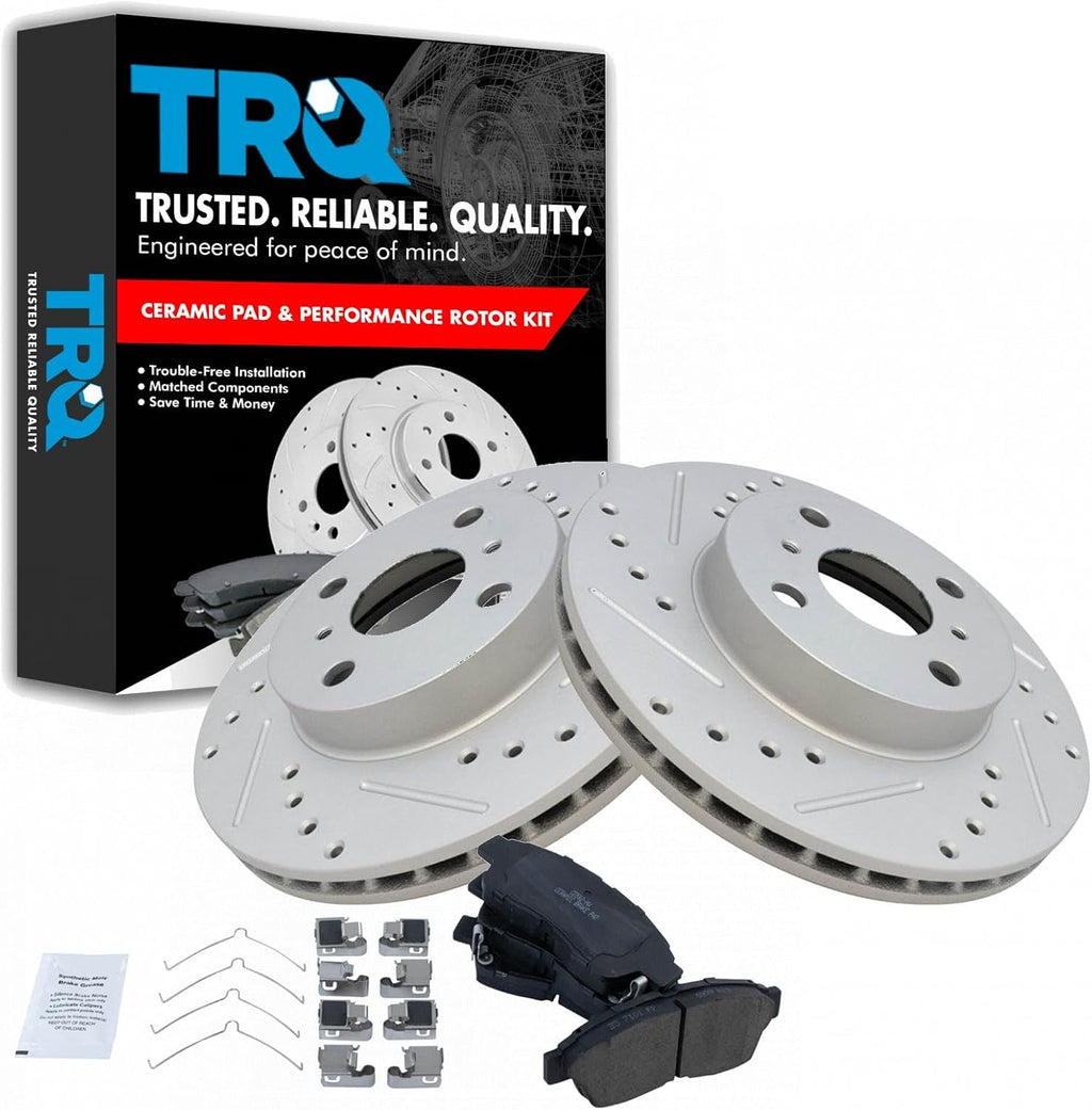 TRQ Performance Front Brake Pad and Rotor Set Ceramic Coated Drilled Slotted Vented Rotors Compatible with 1993-1997 Geo Prizm Toyota Corolla