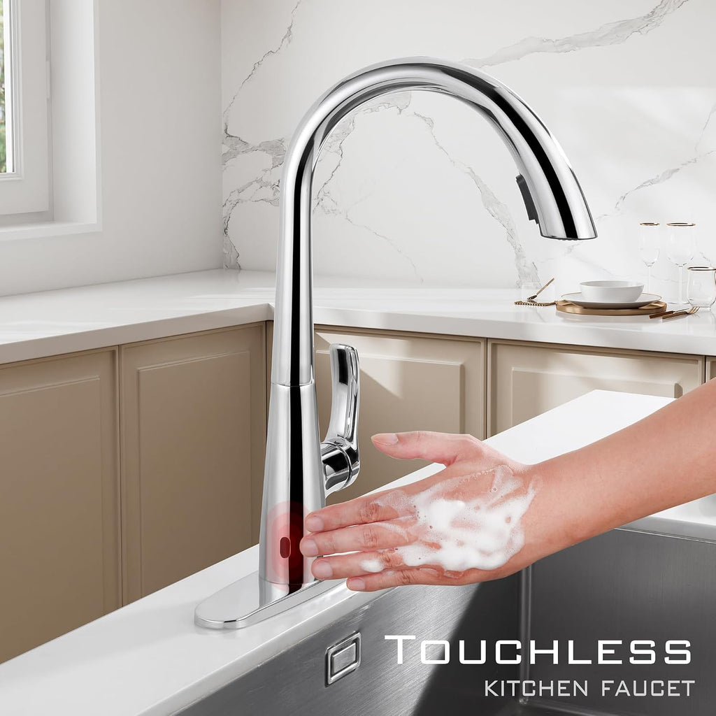 Chrome Kitchen Faucet with Pull Down Sprayer Single Hole, Motion Sensor Touchless Single Handle Kitchen Sink Faucet, Stainless Steel Hand Free Sink Faucet for Kitchen 1 or 3 Hole
