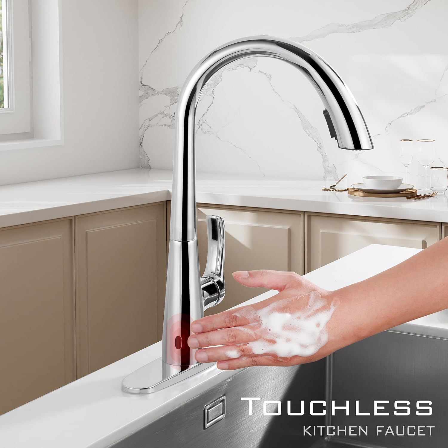 Chrome Kitchen Faucet with Pull Down Sprayer Single Hole, Motion Sensor Touchless Single Handle Kitchen Sink Faucet, Stainless Steel Hand Free Sink Faucet for Kitchen 1 or 3 Hole