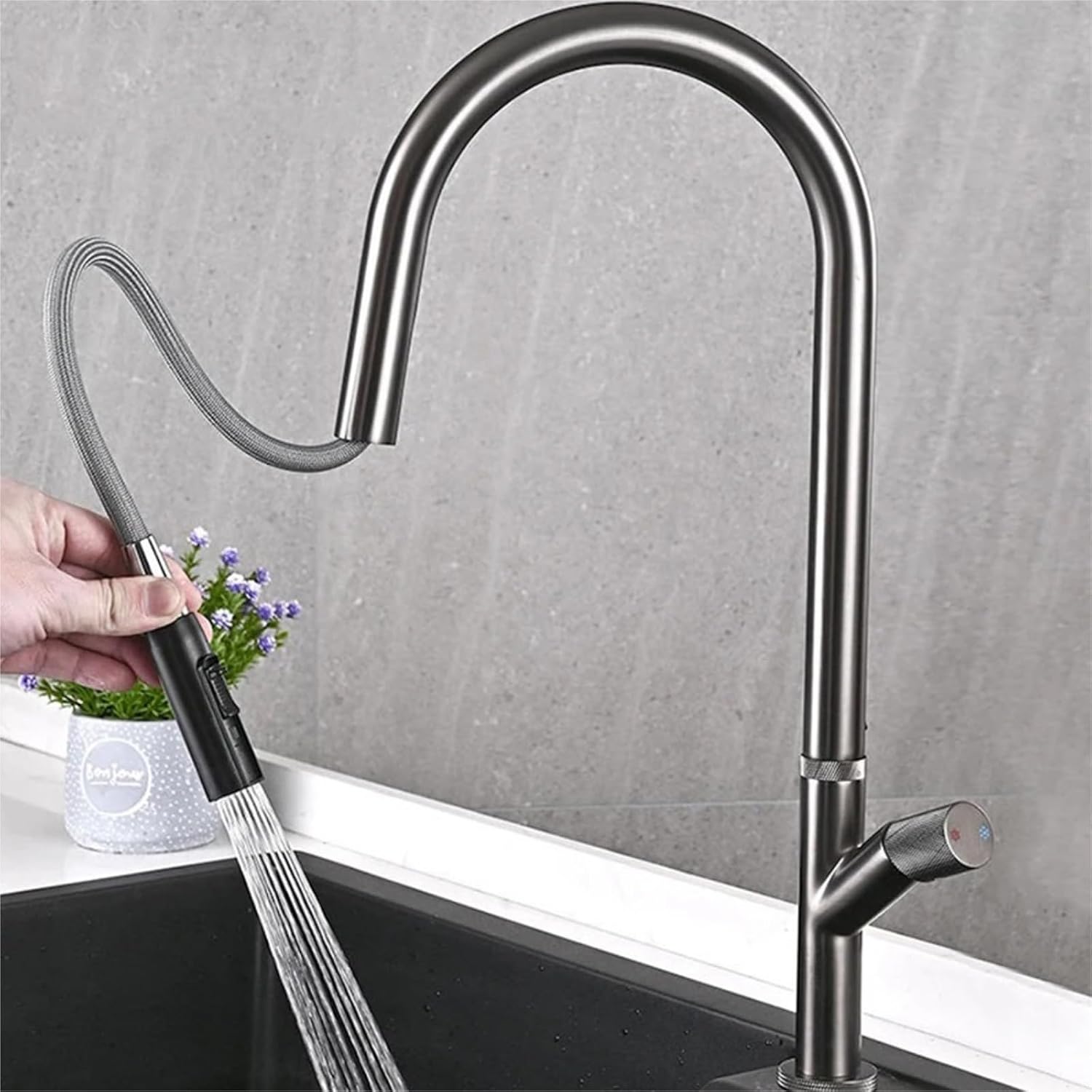 Pull-Out Kitchen Faucet 360 Rotation Hidden Nozzle Hot and Cold Water Sink Mixer Tap Deck Mounted Luxury Wash Tap(Gray)