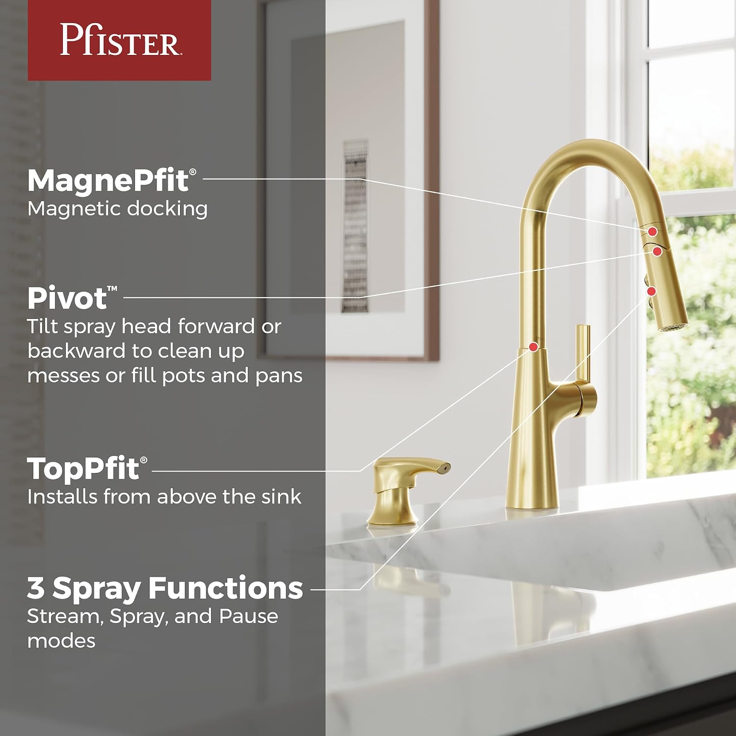 Pfister Tasso Kitchen Faucet with Pull Down Sprayer and Soap Dispenser, Single Handle, High Arc, NSF Certified, Brushed Gold Finish, F5297TSOBG