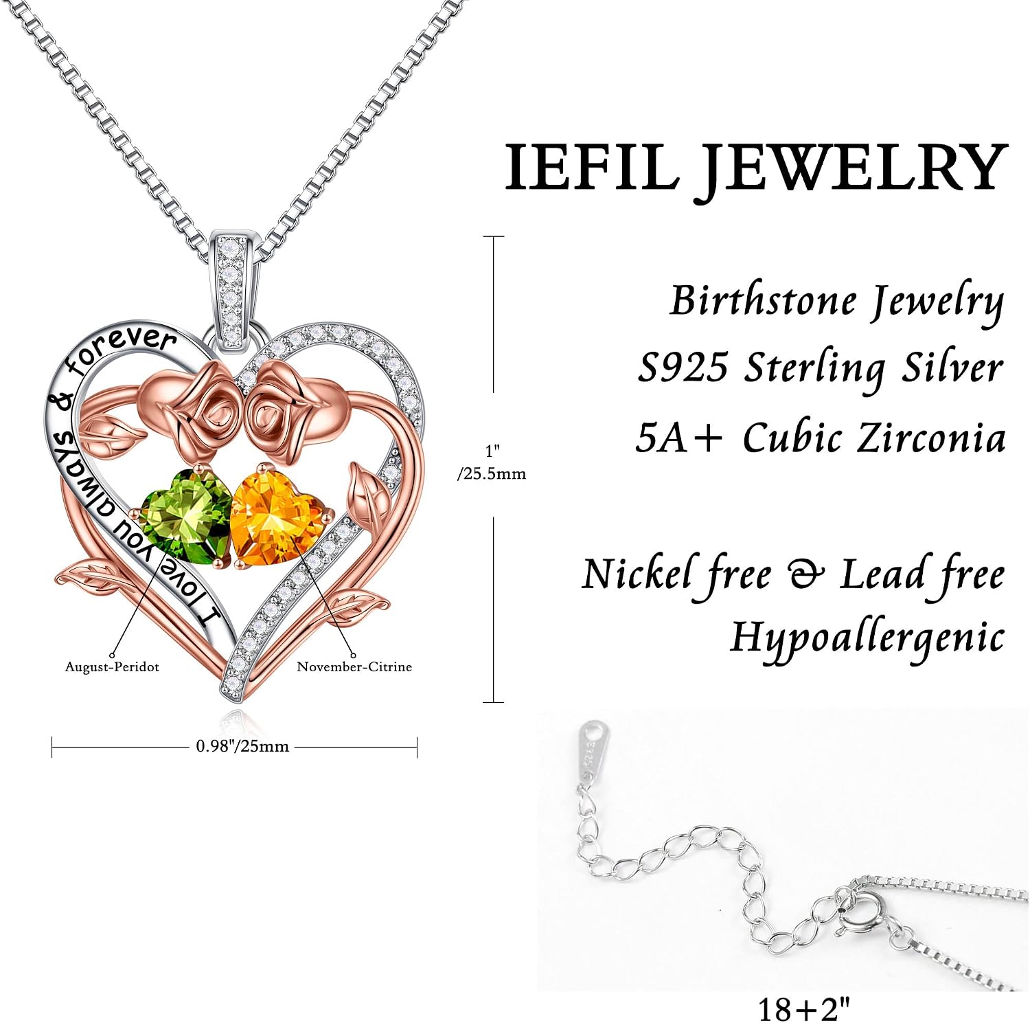 Iefil Rose Heart Double Birthstone Necklace Gifts for Wife Girlfriend Her Women, Birthstone Jewelry Gemstone Birthday Gifts for Mom Grandma Her Wife Women
