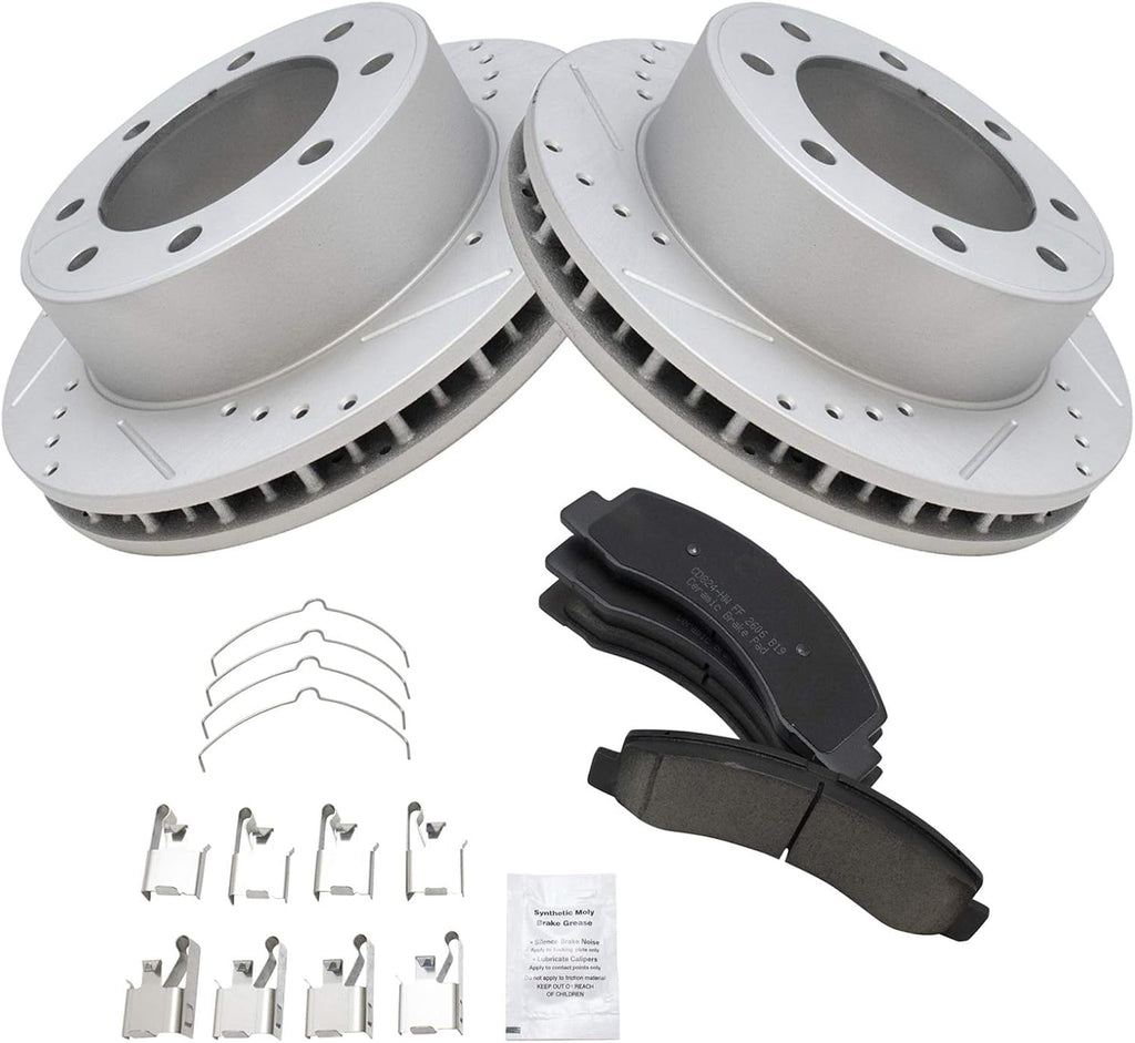 TRQ Performance Front Brake Pad and Rotor Set Ceramic Drilled Slotted G Coated Vented Rotors Compatible with 2000-2005 Ford Excursion 2000-2004 F-250 Super Duty F-350 Super Duty