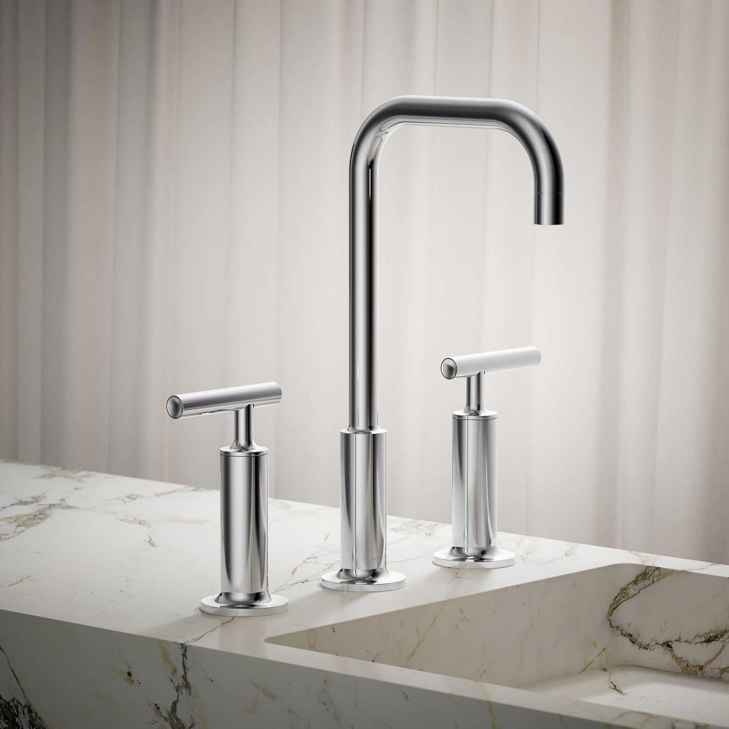 KOHLER K-14408-4-CP Purist® Widespread Bathroom Sink Faucet, 3-Hole, Widespread High Lever Handles and High Gooseneck Spout, 1.2 GPM, Polished Chrome