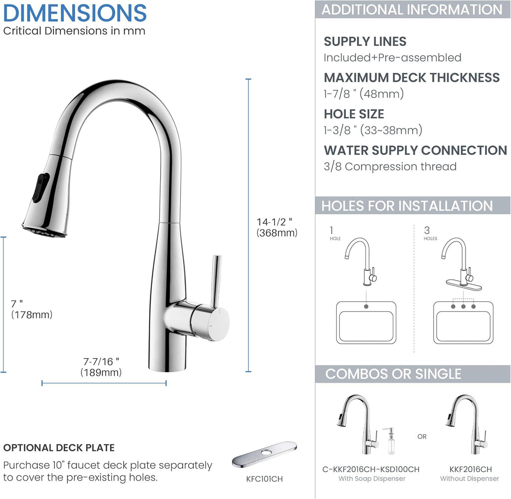 KIBI Bari Chrome Finish Single Handle Pull Down Kitchen and Bar Sink Faucet | Solid Brass High Arc Spout, 360 Degree Swivel, Durable Pull Down Sprayer with Dual Function (KKF2015CH)