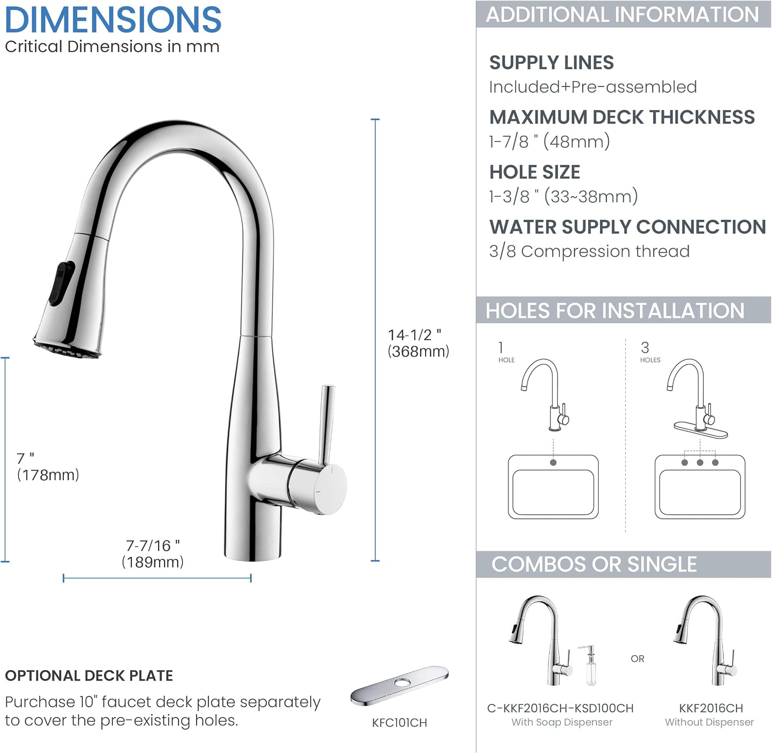 KIBI Bari Chrome Finish Single Handle Pull Down Kitchen and Bar Sink Faucet | Solid Brass High Arc Spout, 360 Degree Swivel, Durable Pull Down Sprayer with Dual Function (KKF2015CH)