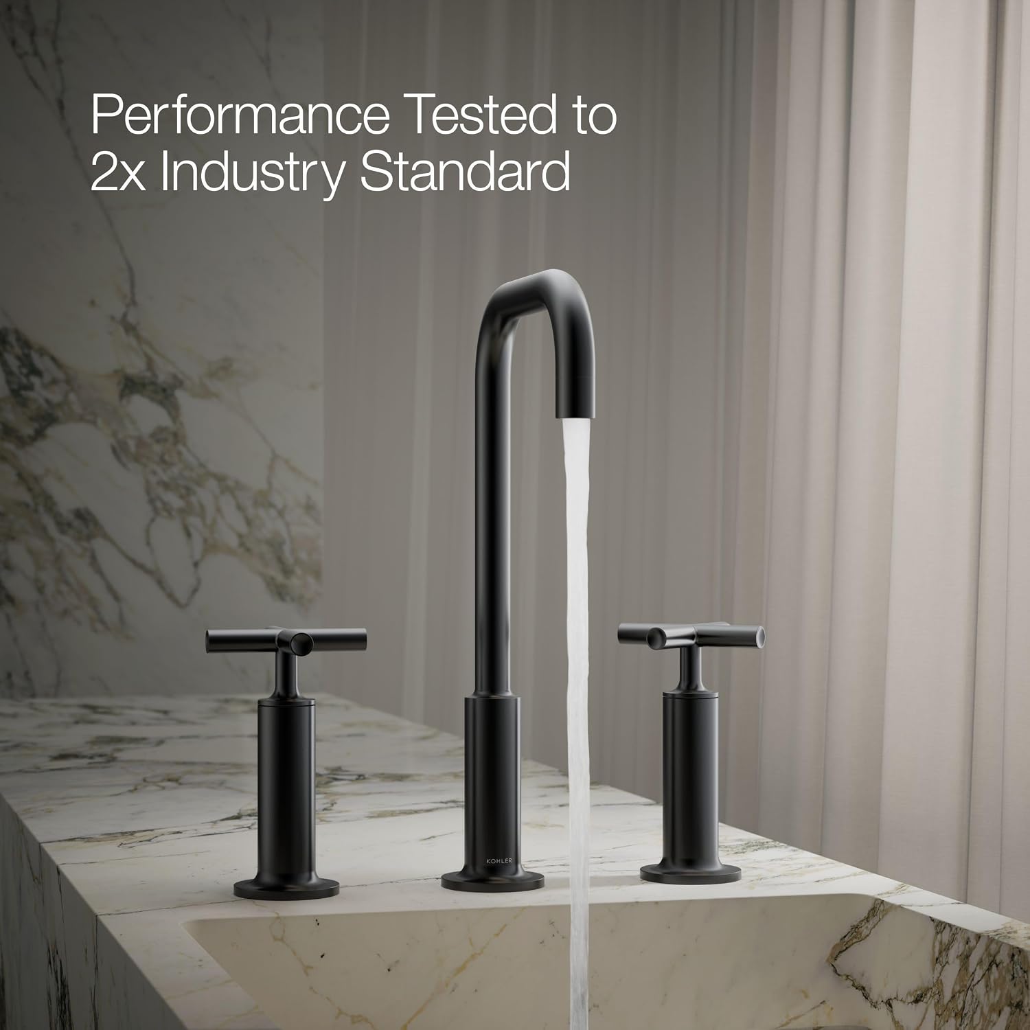KOHLER K-14408-3-BL Purist® Widespread Bathroom Sink Faucet, 3-Hole, Widespread High Cross Handles and High Gooseneck Spout, 1.2 GPM, Matte Black