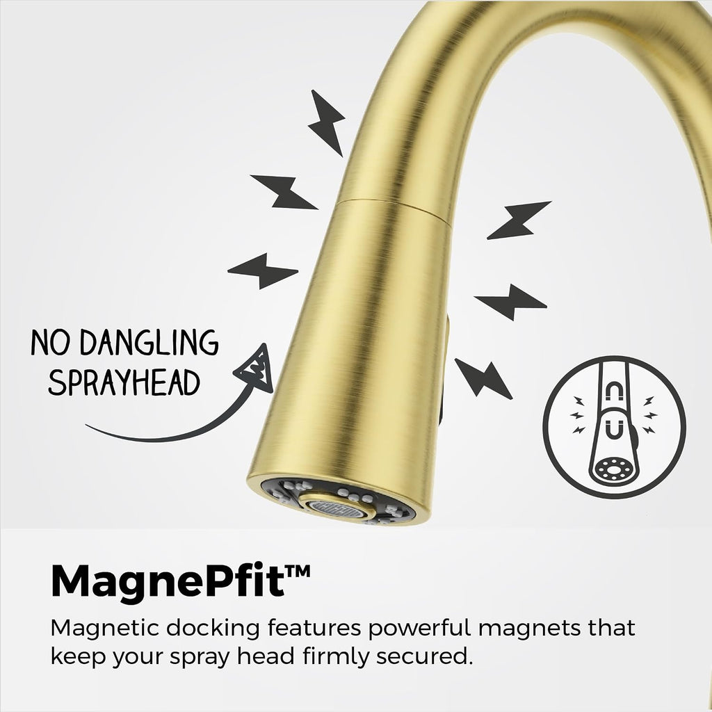 Pfister Barulli Kitchen Faucet with Pull Down Sprayer and Soap Dispenser, Single Handle, High Arc, Brushed Gold Finish, F5297BARBG