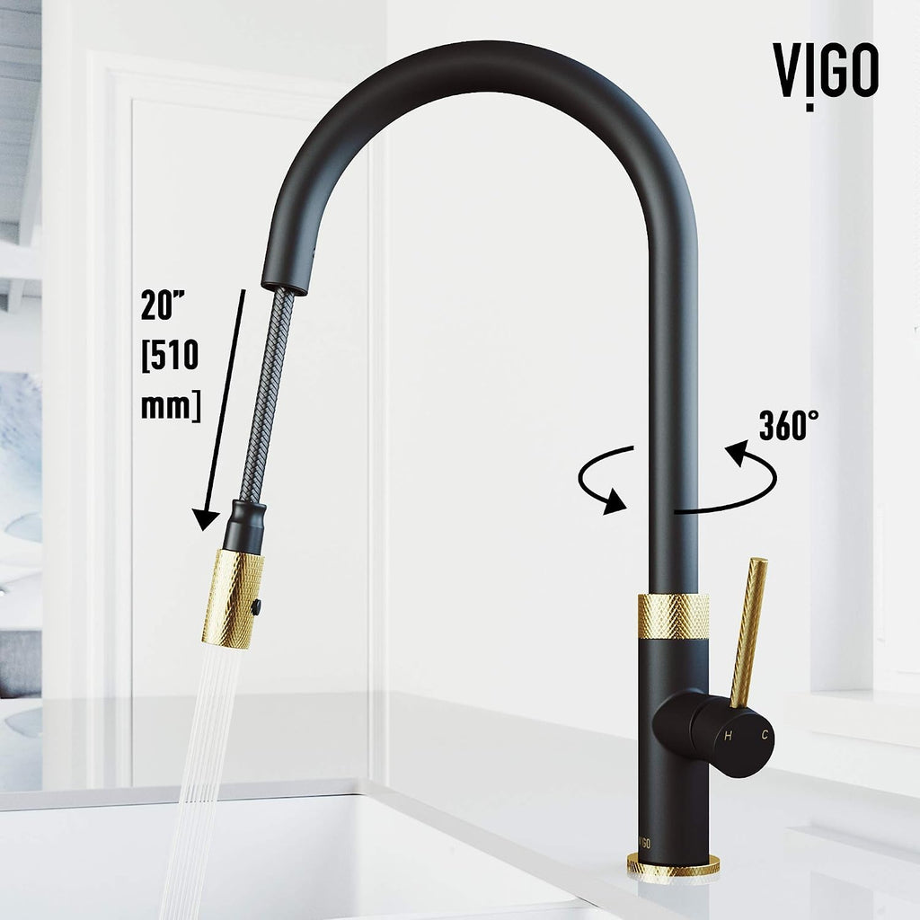 VIGO Bristol 19'' H Single Handle Pull-Down Sprayer Kitchen Faucet in Matte Brushed Gold and Matte Black-VG02033MGMB