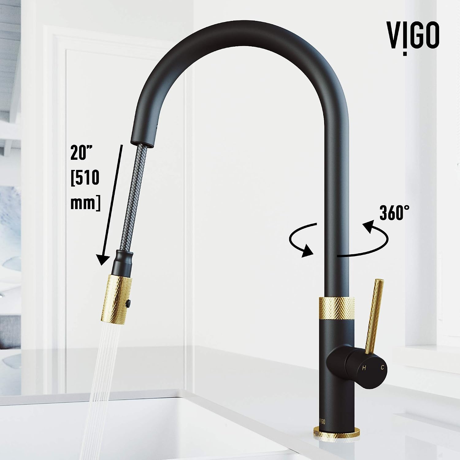 VIGO Bristol 19'' H Single Handle Pull-Down Sprayer Kitchen Faucet in Matte Brushed Gold and Matte Black-VG02033MGMB