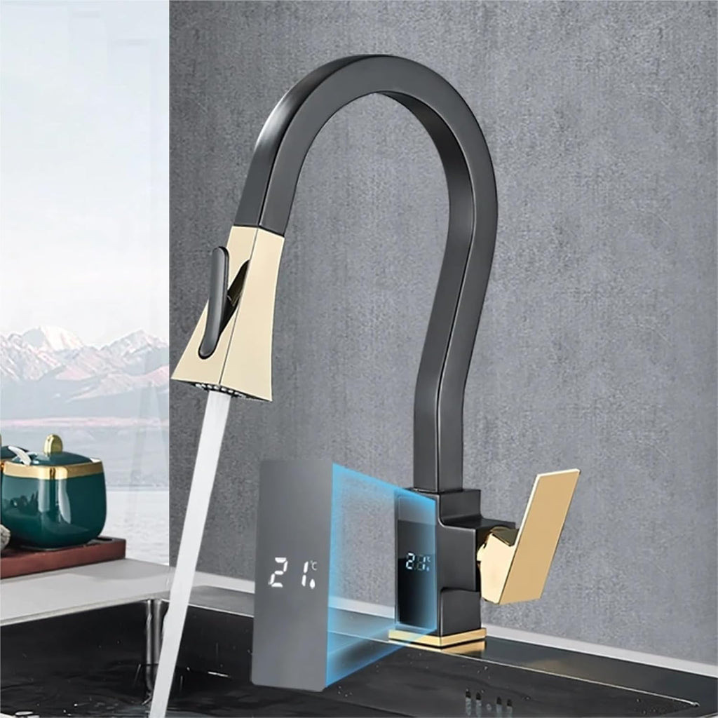 Smart Digital Display Kitchen Faucet Single Handle Pull Out Kitchen Sink Mixer Hot Cold Water Taps(Black Gold)