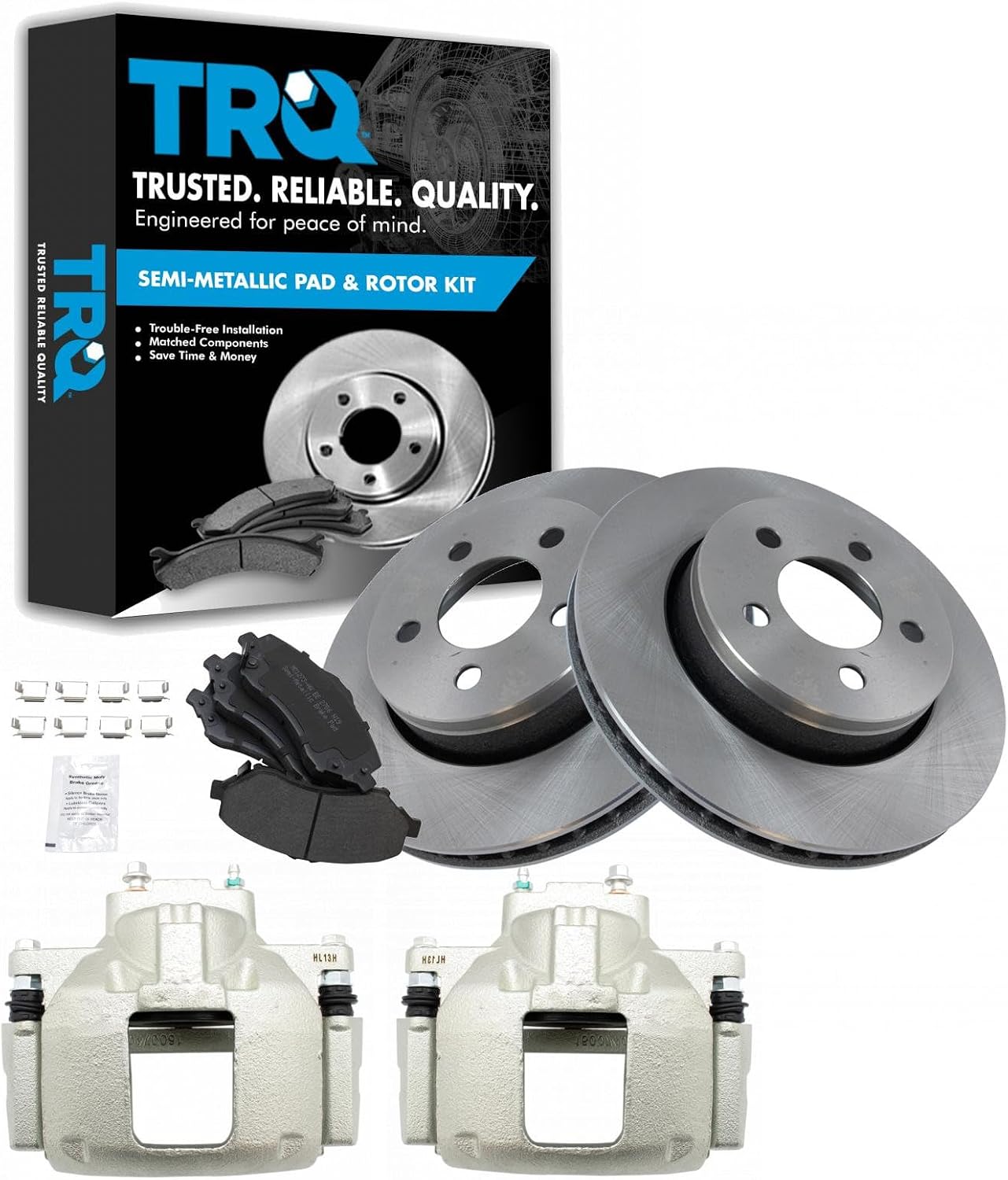 TRQ Front Brake Pad and Rotor Set Semi Metallic Vented Rotors Calipers Compatible with 2008-2012 Jeep Liberty 2007-2010 Dodge Nitro