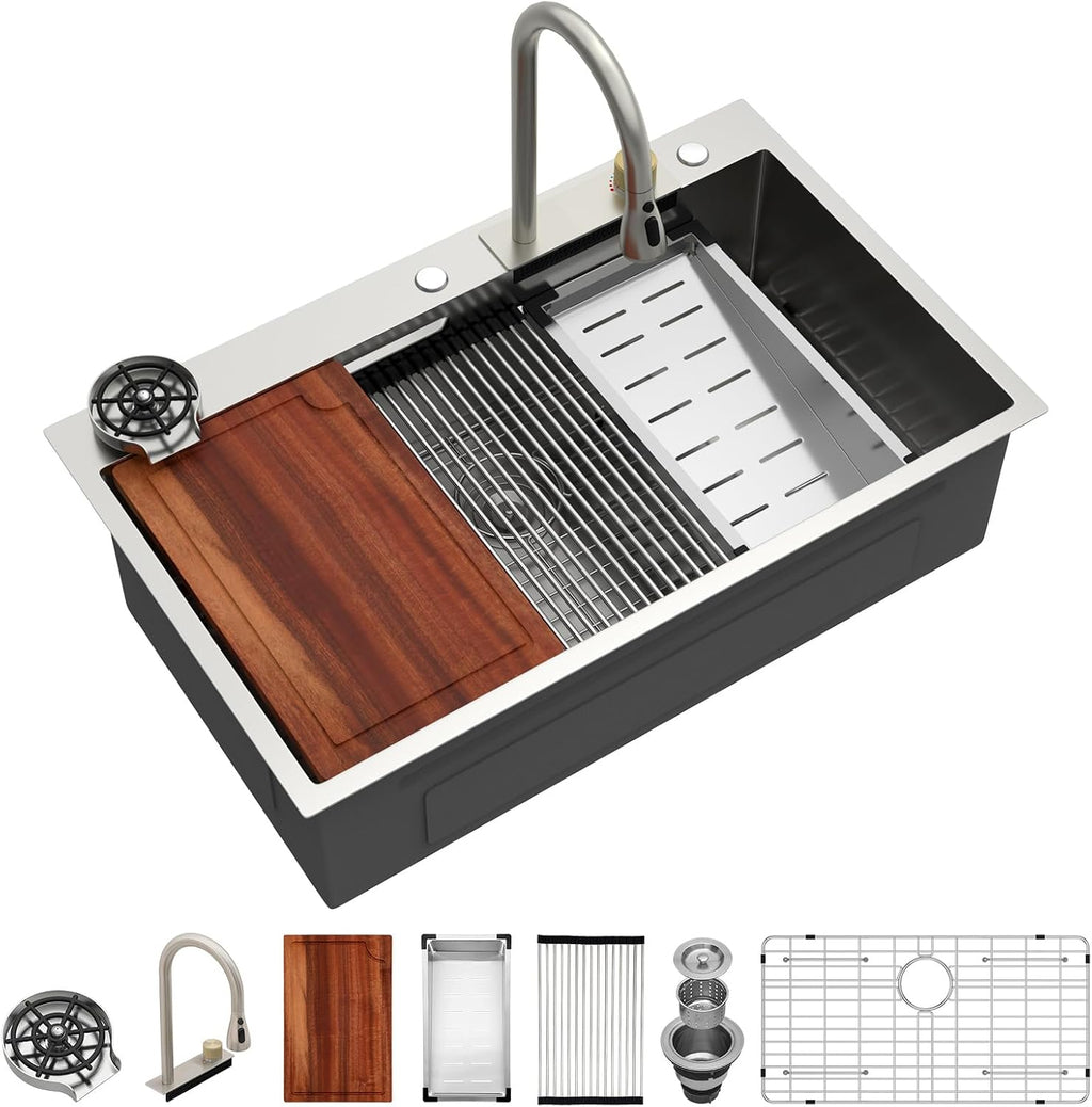 Logmey 36x22 Drop in Waterfall Sink Nano PVD All in One Workstation Sinks with Temperature Control Knob,16 Gauge Stainless Steel,Ideal for Home Cooking,Cleaning & Daily Kitchen Use,Double Step,5 Hole