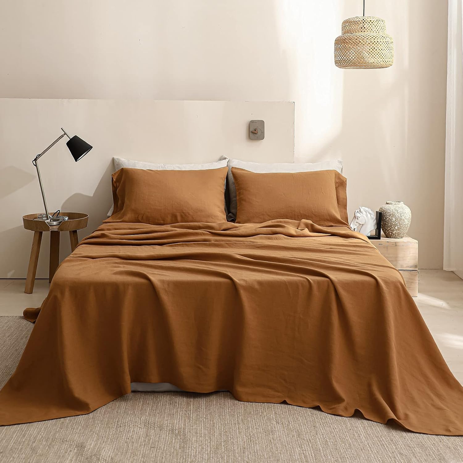 Simple&Opulence 100% Washed Linen Sheet Set Basic Style 3 Pieces (1 Flat Sheet & 1 Fitted Sheet & 1 Pillowcase) Natural French Flax Soft Breathable Farmhouse Bedding (Twin, Rust)