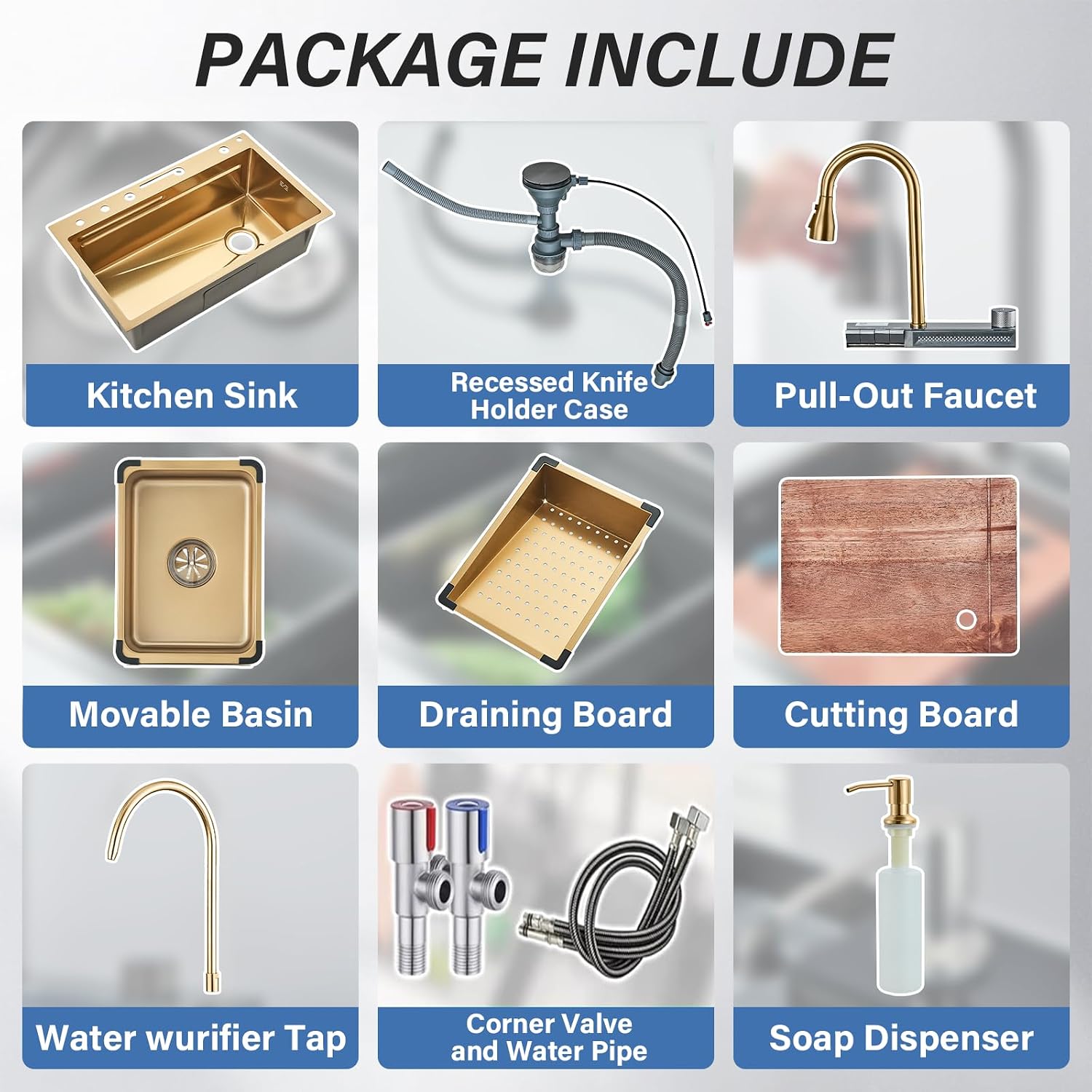 Brushed Gold Waterfall Kitchen Sink Stainless Steel Single Bowl Drop In Sink with Pull-Out Faucet Kitchen Sink Workstation with Cup Washer, Soap Dispenser, Water Filter Tap (29.52'X18.11')