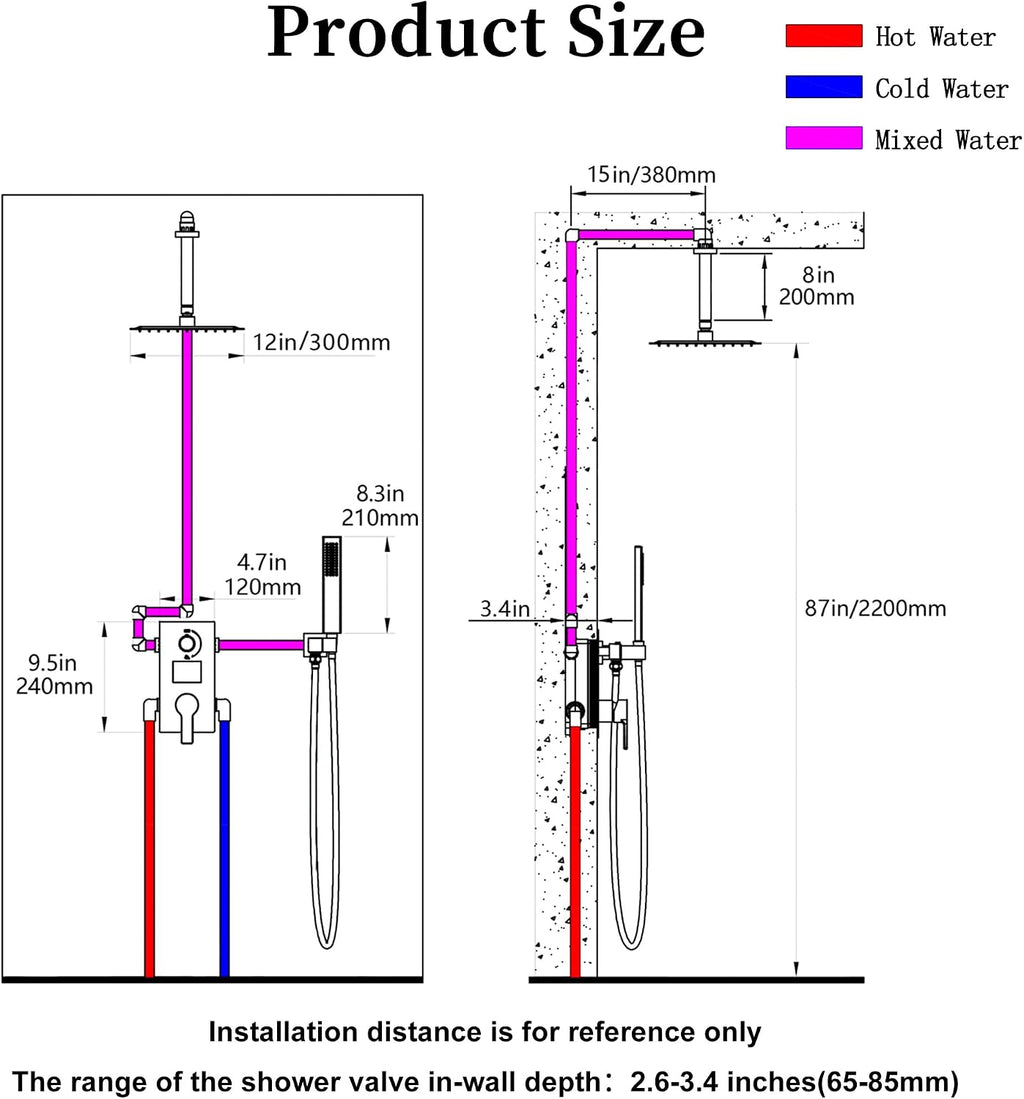 SKOWLL Shower Faucet Set Digital Display, 12 Inch Ceiling Mount Rainfall Shower Head with Handheld Combo, Matte Black Shower Head and Handle Set with Valve