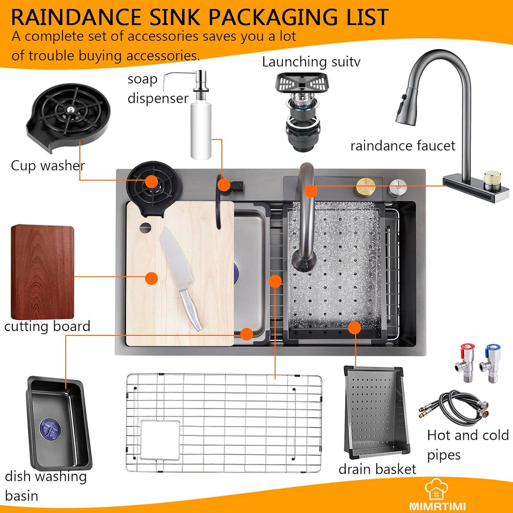 Waterfall kitchen sink 26X20' black Undermount Kitchen Sink with Pull-Out Faucet Stainless Steel Drop In Kitchen Sink Single Bowl with Accessories