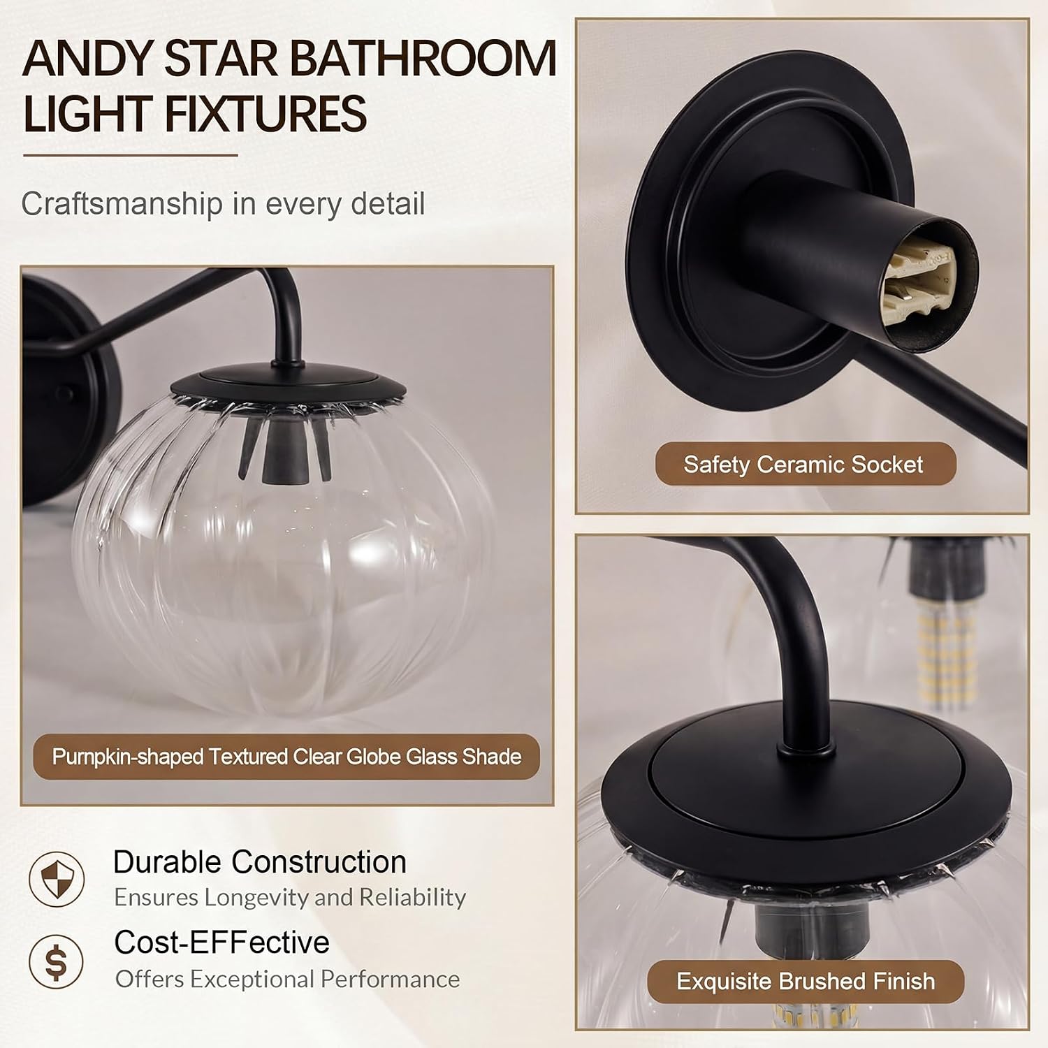 ANDY STAR Black Vanity Lights, 3 Light Bathroom Light Fixtures with Clear Pumpkin-Ribbed Glass Globe Shade, Classic Matte Black Striped Wall Lights for Over Mirror, G9 Base (No Bulbs)