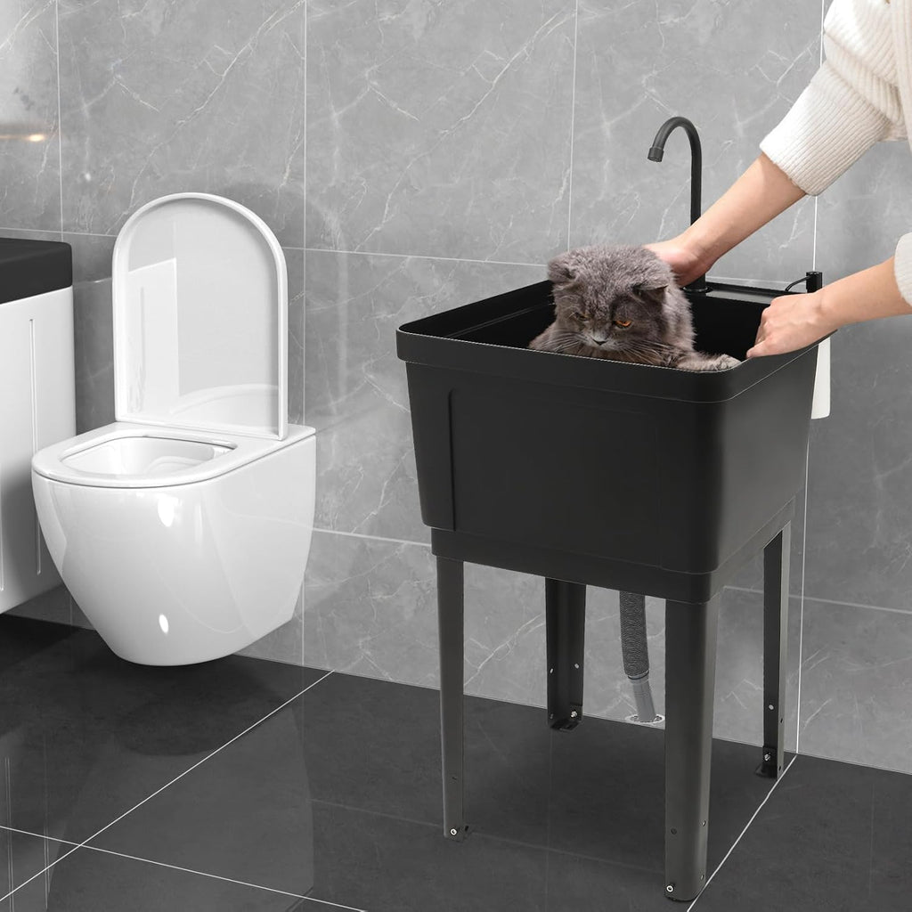 Freestanding Space Saver Utility Sink 19.68 * 19 * 33.07in kitchen Sink with Washboard Utility Sink with Cold and Hot Water Faucet, Hoses and Soap Dispenser for Laundry Room, Garage, Basement (Black)