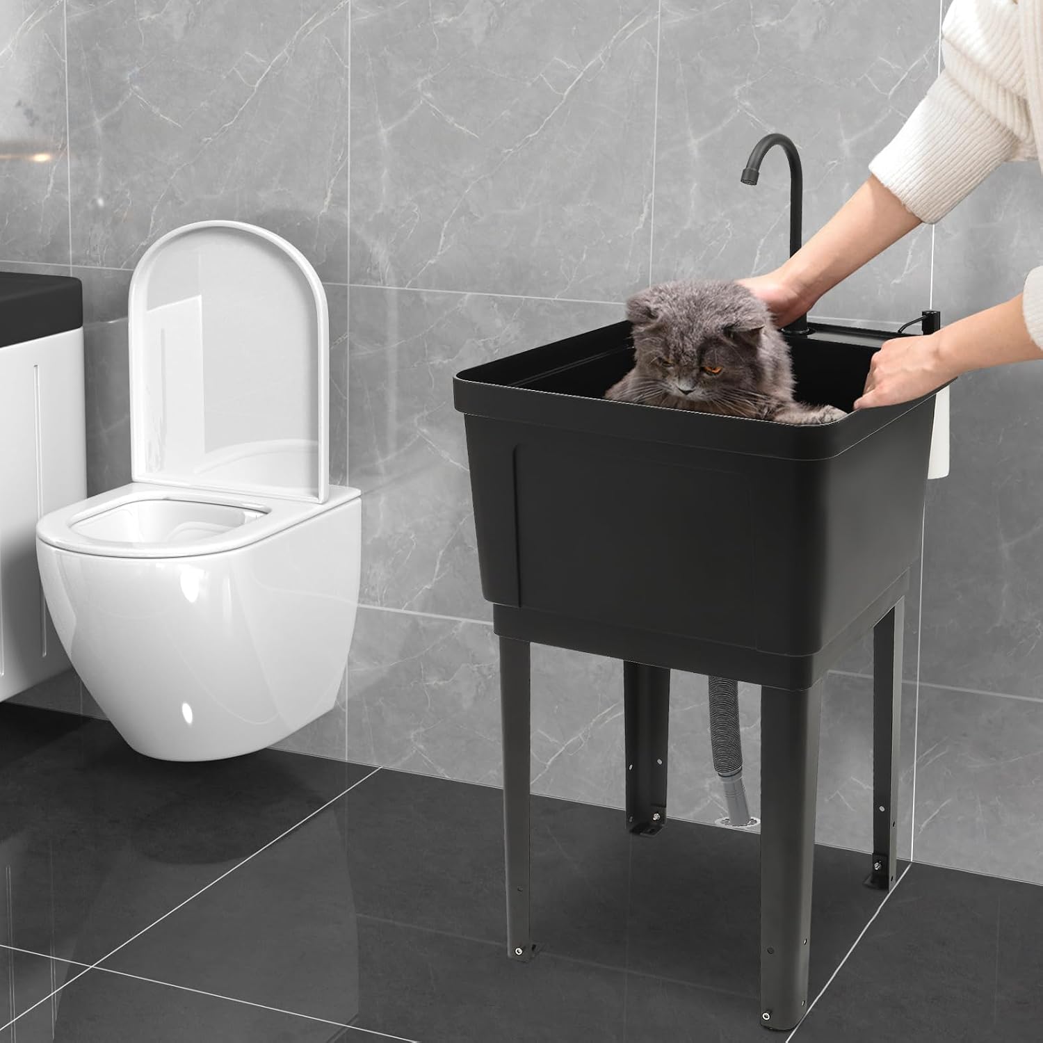 Freestanding Space Saver Utility Sink 19.68 * 19 * 33.07in kitchen Sink with Washboard Utility Sink with Cold and Hot Water Faucet, Hoses and Soap Dispenser for Laundry Room, Garage, Basement (Black)