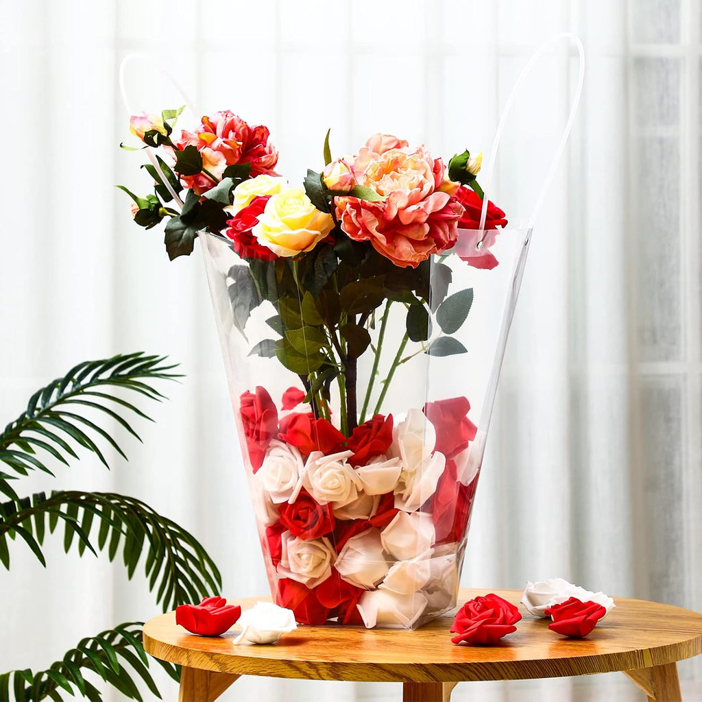 Yexiya 96 Pcs Floral Bags Large Clear Flower Bouquet Bag Bulk with Handle Transparent Florist Wedding Gift Packaging Plastic Gift Birthday Valentine's Mother's Day, 11.4 x 5.9 x 16.7 in (Clear Edge)