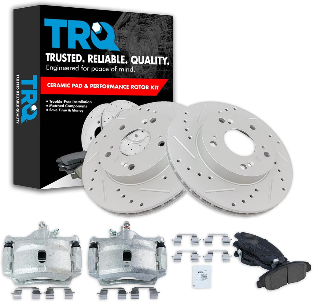 TRQ Performance Front Brake Pad and Rotor Set Ceramic Vented G Coated Rotors Calipers Compatible with 2006-2011 Honda Civic